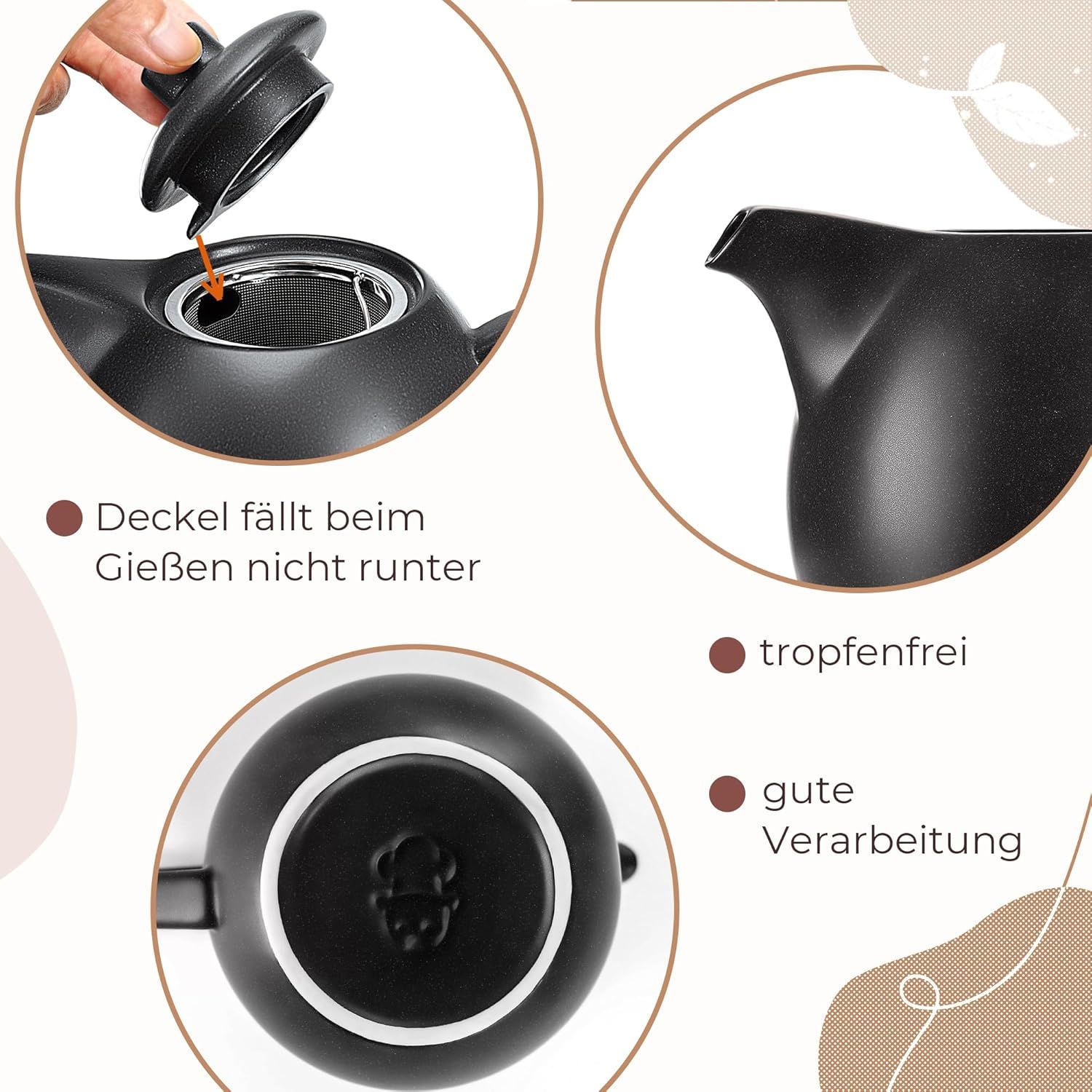 Théière en céramique avec infuseur - 1,2 l - Noir (anthracite) - Théière en céramique - Accessoire de thé pour thé en vrac