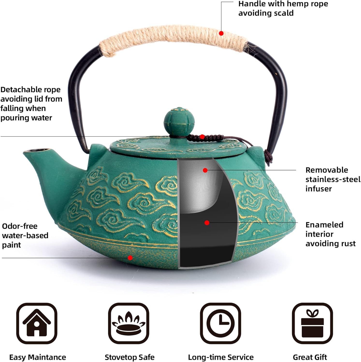 Théière en Fonte, Théière Japonaise avec Inspergraphe pour Feuille Libre, Bouilloire à Thé 800ml pour Cuisinière Enduite d’Intérieur émaillé, Motif Nuages, Vert