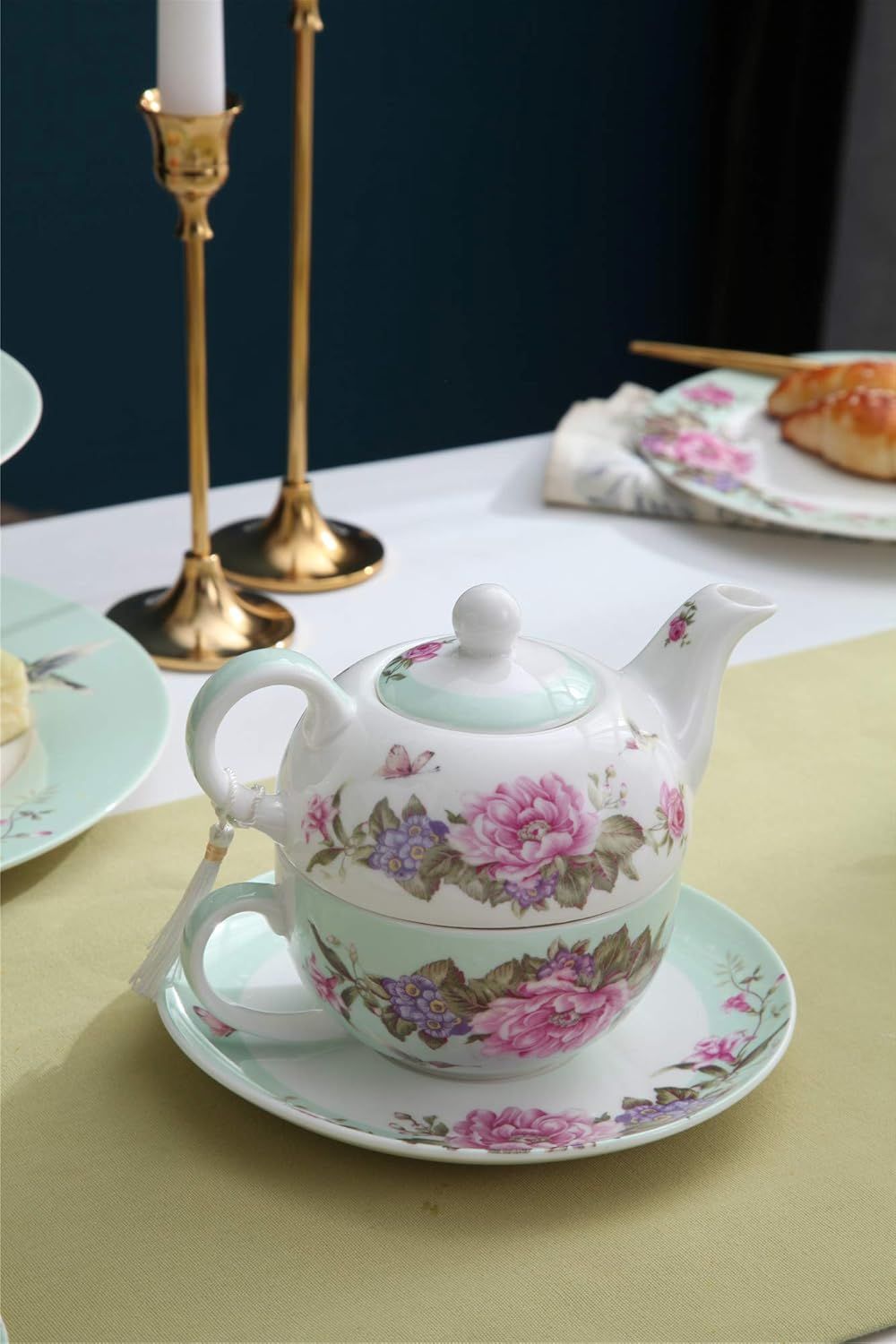 Ensemble de théière, tasse et soucoupe en porcelaine pour une personne à motif floral boîte cadeau