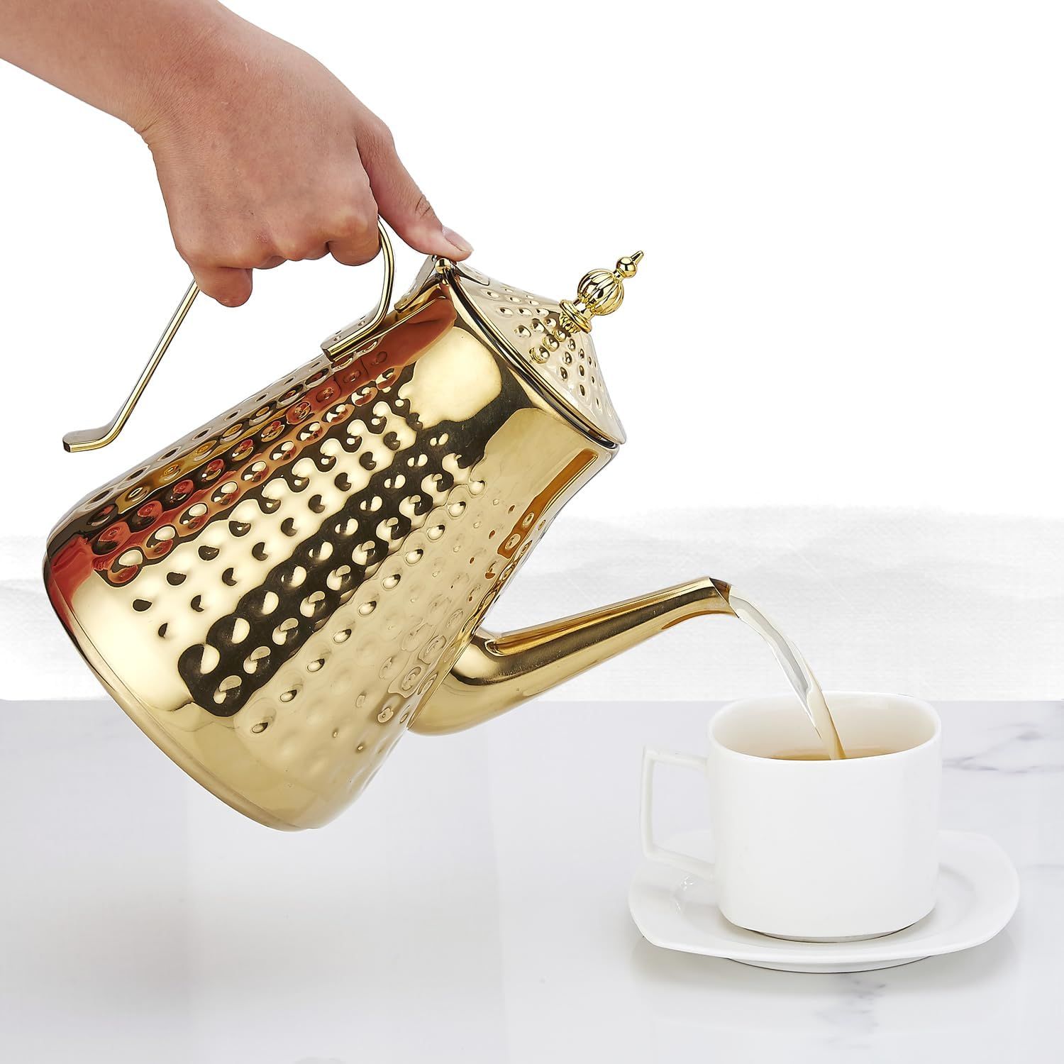 SANQIAHOME Théière en acier inoxydable 1800ml avec infuseur amovible,Théière vintage,Doré