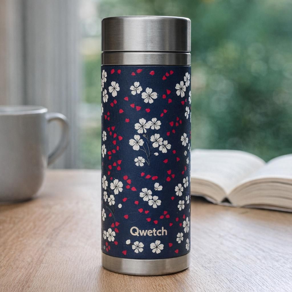 Qwetch - Théière Infusion Isotherme - Hanami Bleu 400ml - Bouteille infuseur Nomade Inox - 5h Chaud et 7h Froid Sans BPA, Étanche & Reutilisable - Idéale pour Thé, Café, Fruit, Tisane