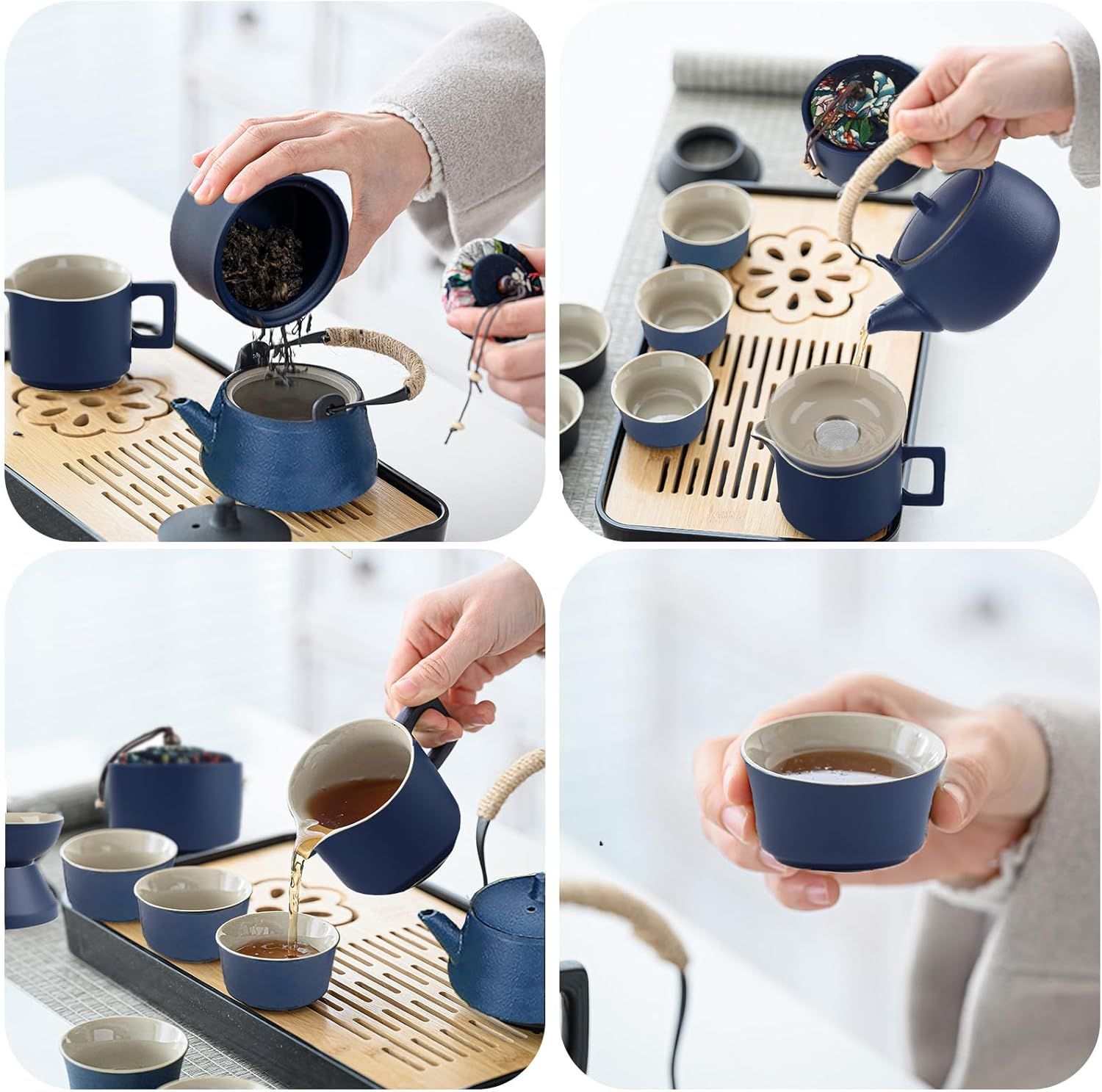 14 Pièces Thé Complet - Service à thé en Porcelaine avec et Plateau, Service à thé Japonais, Service à thé chinois pour Thé en Vrac,6 Tasses en Céramique Isolées de 120 ml,220ml Théière Thés à Fleurs