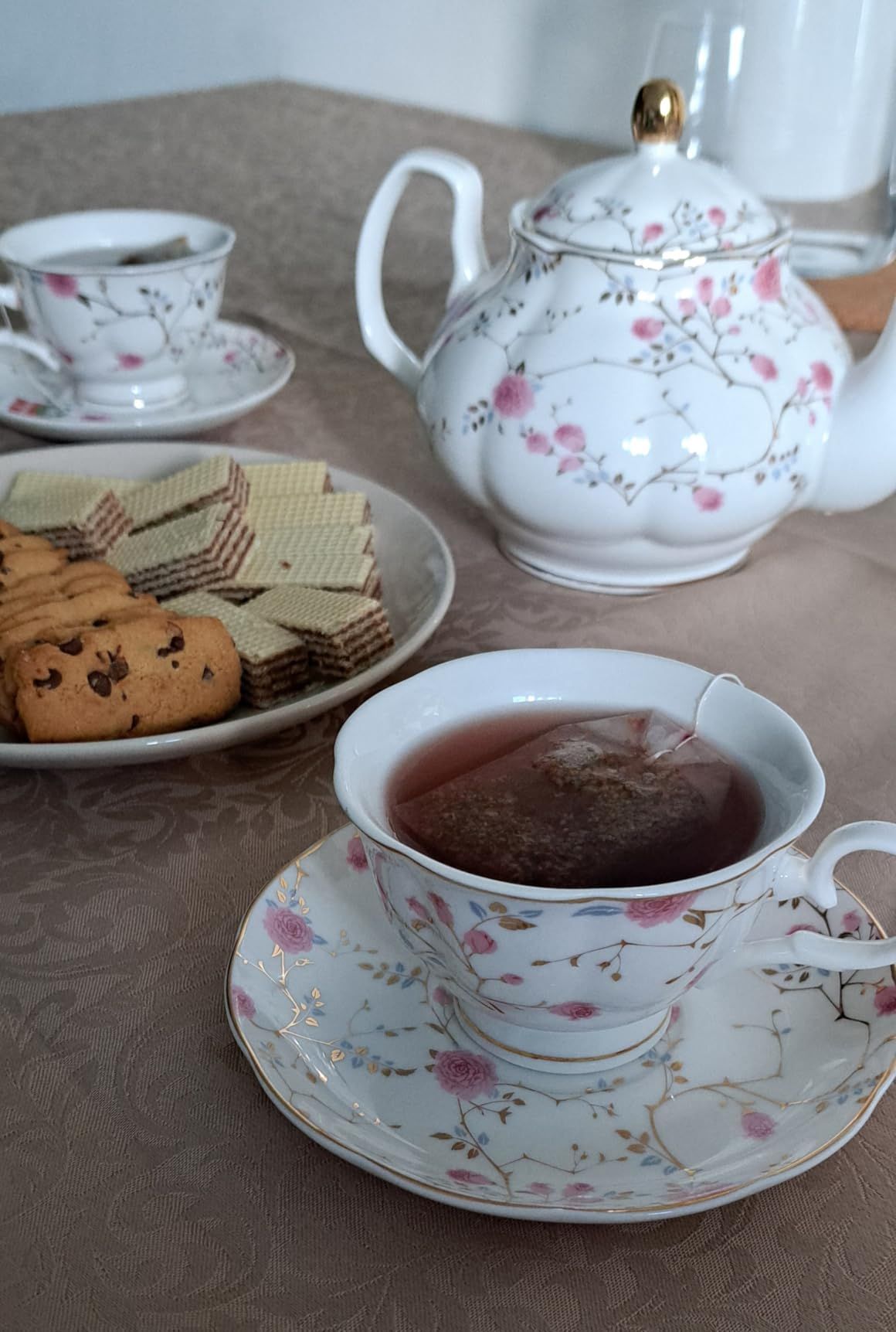 fanquare Fleurs Roses et Vignes Service à Thé de l’après-midi, 21 Pièces Ensemble de Théière en Porcelaine Britannique, Service à Café de Fête de Mariage Vintage, Service à Thé Adulte pour 6