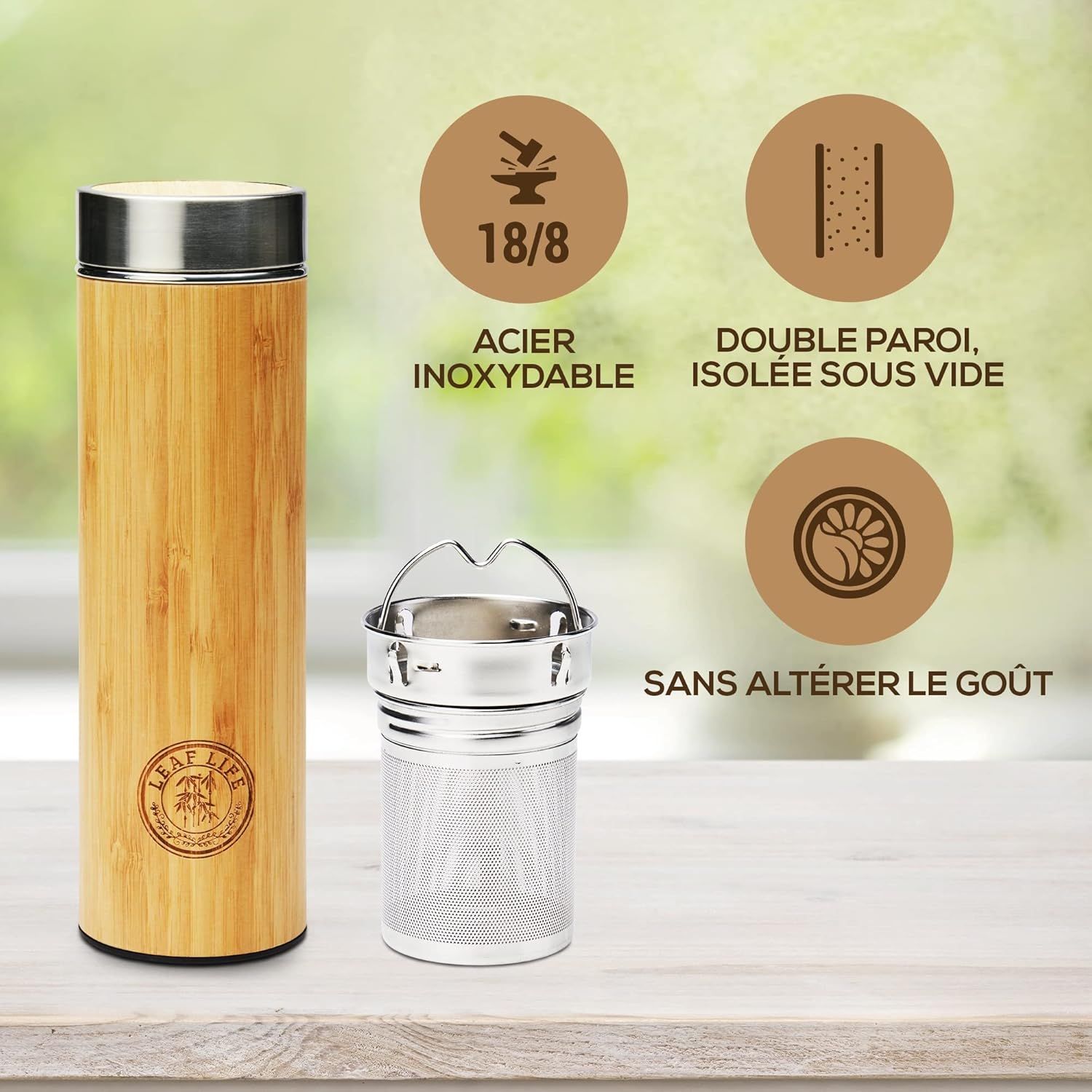 LeafLife Infuseur thé Bouteille en Bambou Premium avec Filtre 500ml – Préserve le Froid et la Chaleur pendant 12h – Bouteille infusion Isolée sous Vide