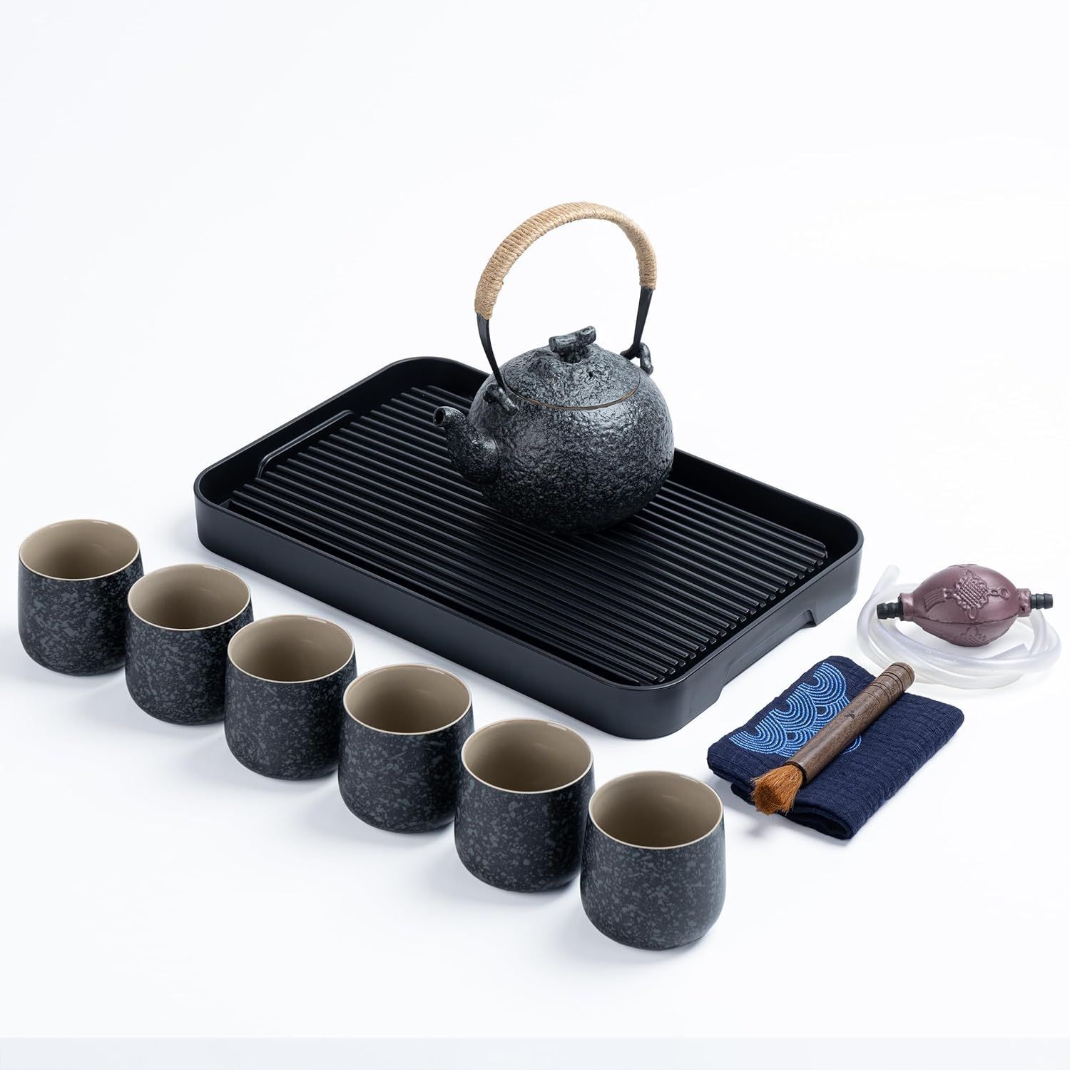 TEANAGOO Service à thé japonais complet avec plateau, gris anthracite, service à thé en porcelaine de Chine, 1 théière (700ml/25oz) + 6 tasses à thé (205ml/7.2oz),U1, plateau à thé avec