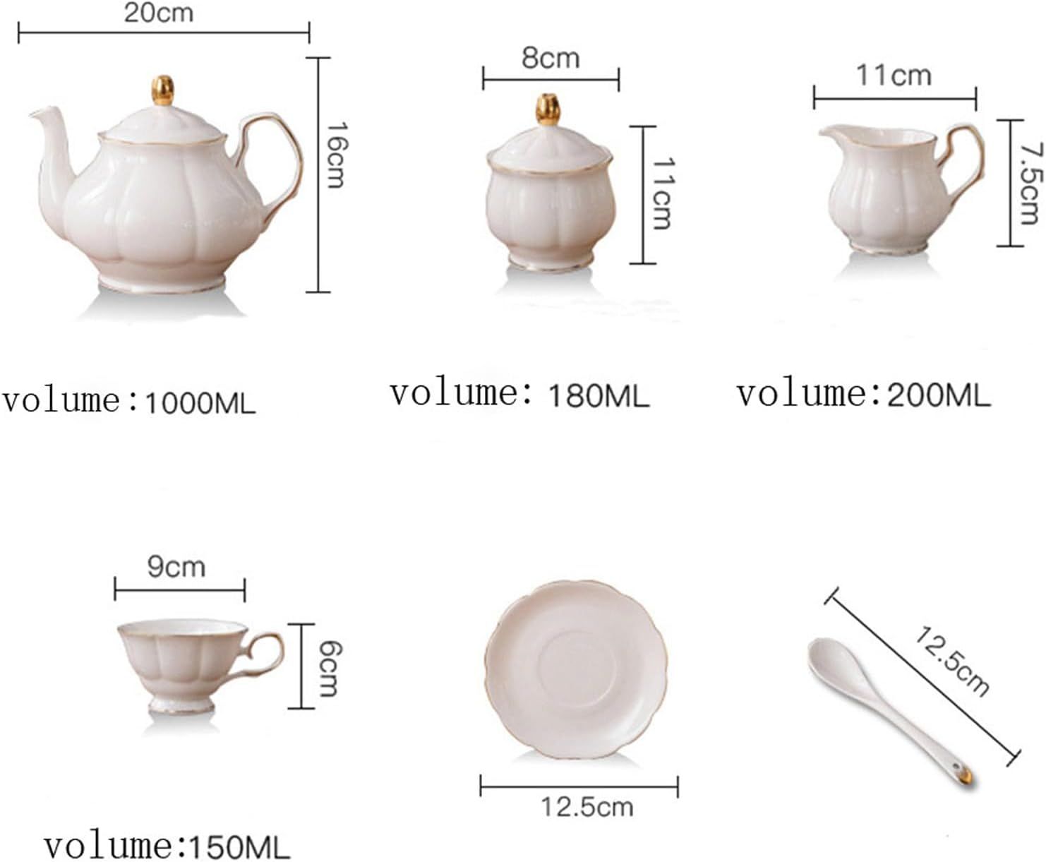 fanquare 15 Pièces Service à Thé Simple en Céramique Anglaise Blanche, Théière, Tasses en Porcelaine Osseuse pour Adultes, Cuillères Assorties, Service à Thé de L'Après-Midi Service à Café