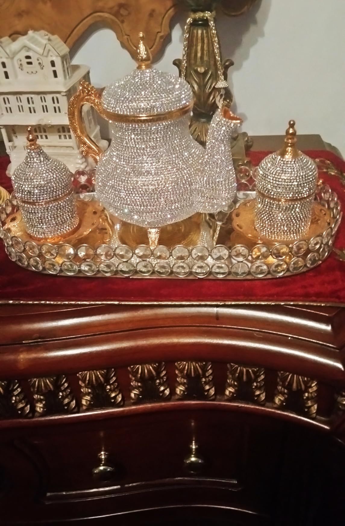 DEMMEX Théière artisanale turque marocaine arabe décorative dorée avec strass en cristal, 1,2 kg, 20,3 x 17,8 cm