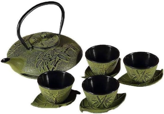 lachineuse - Service à Thé en Fonte Bambou - 1 Théière, 4 Tasses en Fonte & Filtre Infuseur - Capacité 0,8L - Décoration Japonaise Asiatique - Idée Cadeau Vaisselle Japonaise - Coloris Vert