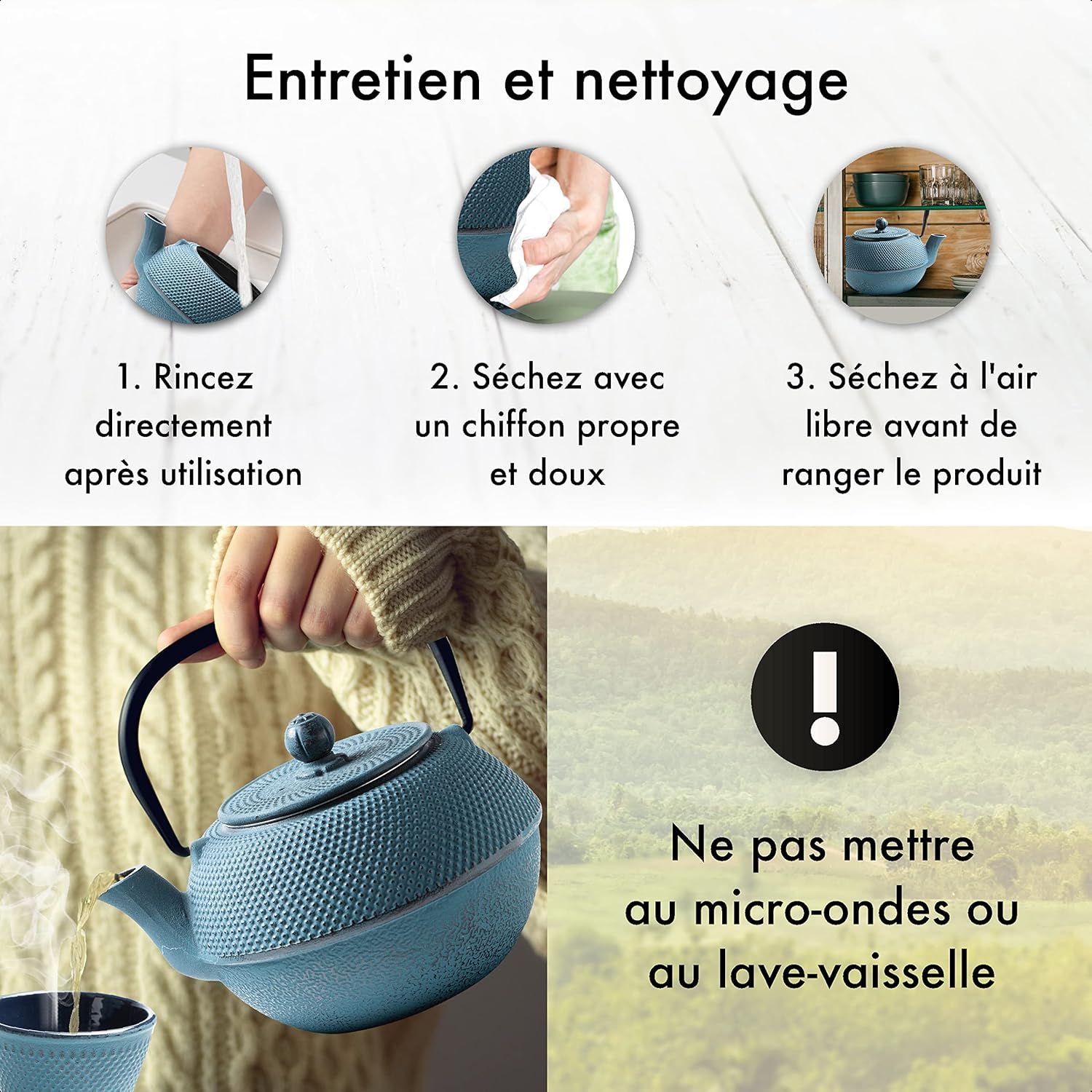 Arare THEIERE en Fonte 1,1 Litre | Théière en Fonte avec Infuseur | Entièrement émaillée de l'intérieur | Prépare Une Tasse de Thé Parfaite | Design Authentique Japonais à Picots | Arare Bleu