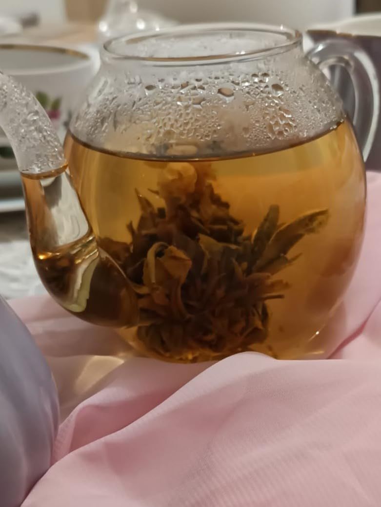 Creano Coffret „Thé en Floraison“ 6 thés de fleurs – Théière en verre 500ml sans goutte – 6 variétés de thé blanc – Idée cadeau exceptionnelle – Verre borosilicate