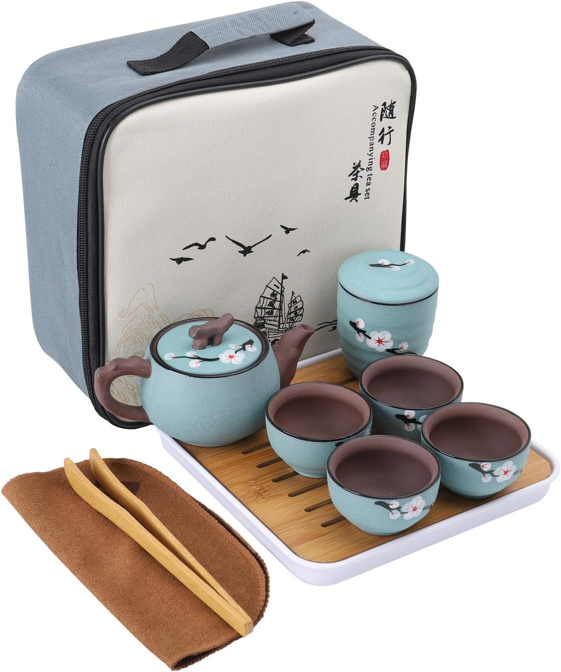 fanquare Portable Kungfu Service à Thé Japonais,Service à thé Zisha Kung Fu aux Fleurs de Cerisier pour Adultes, Une Théière, 4 Tasses à Thé,1 Boîte à Thé et Sac de Voyage
