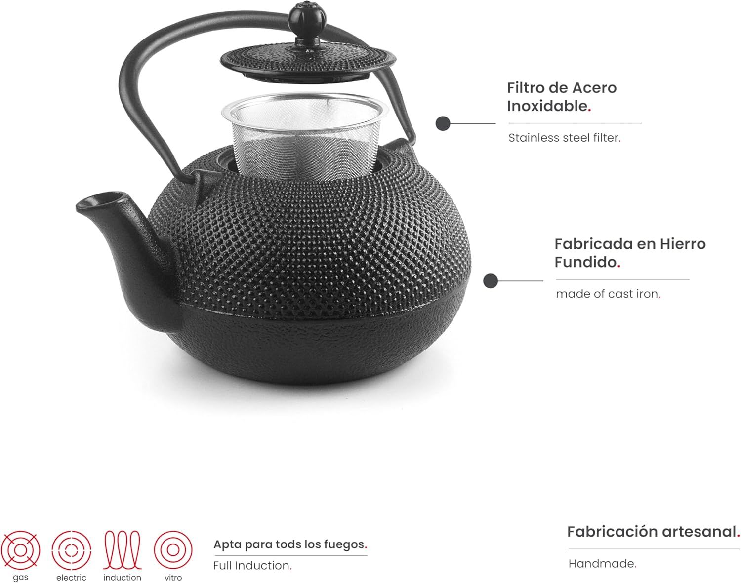 Ibili - Théière en Fonte Noire, 1,2 Litre, Intérieur Émaillé, Compatible avec les Plaques à Induction