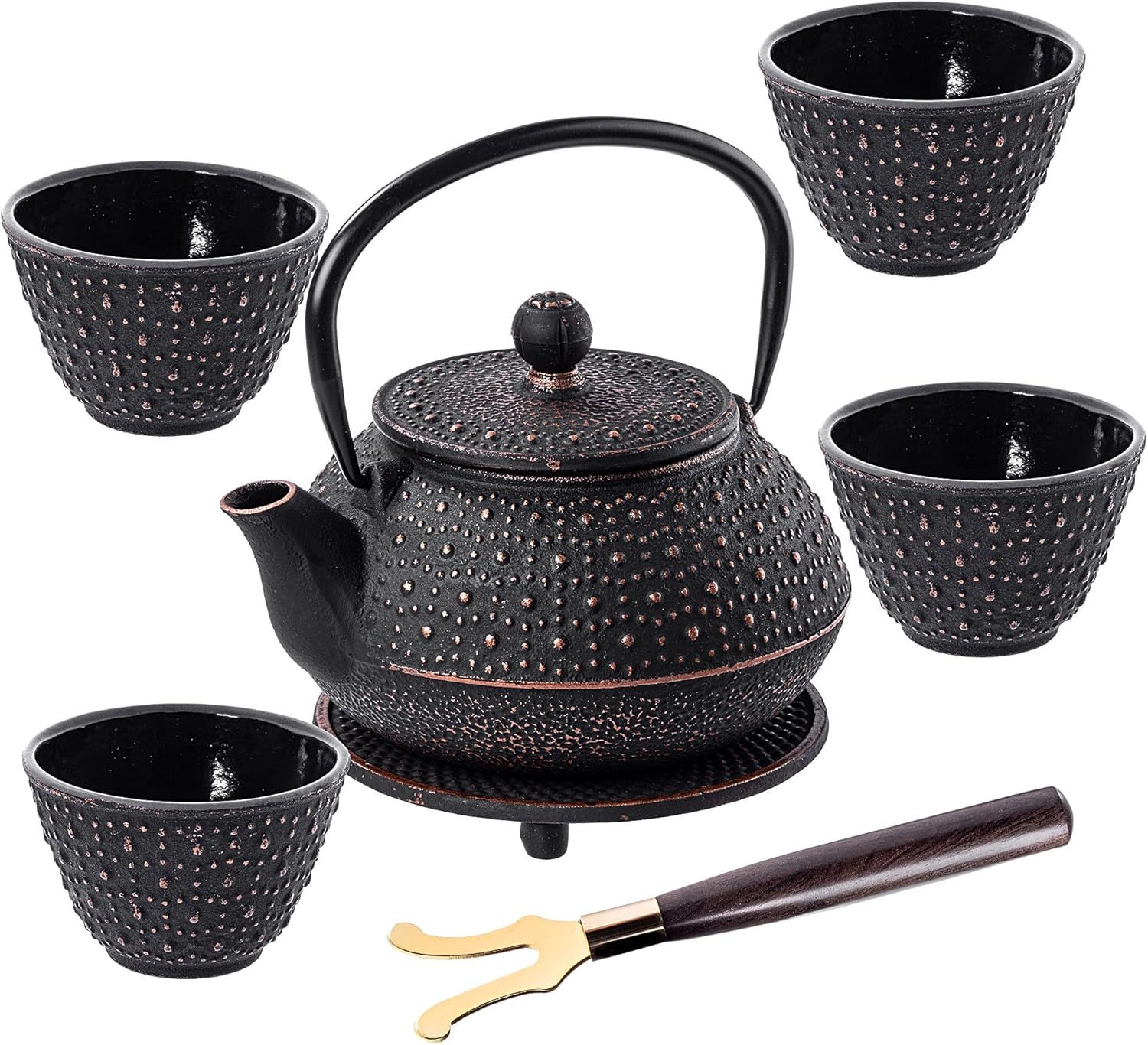 KADAX Théière Japonaise en Fonte de 850ml avec Intérieur Émaillé, Quatre Tasses et Infuseur pour Thé en Vrac, Service à Thé Traditionnel (Noir)