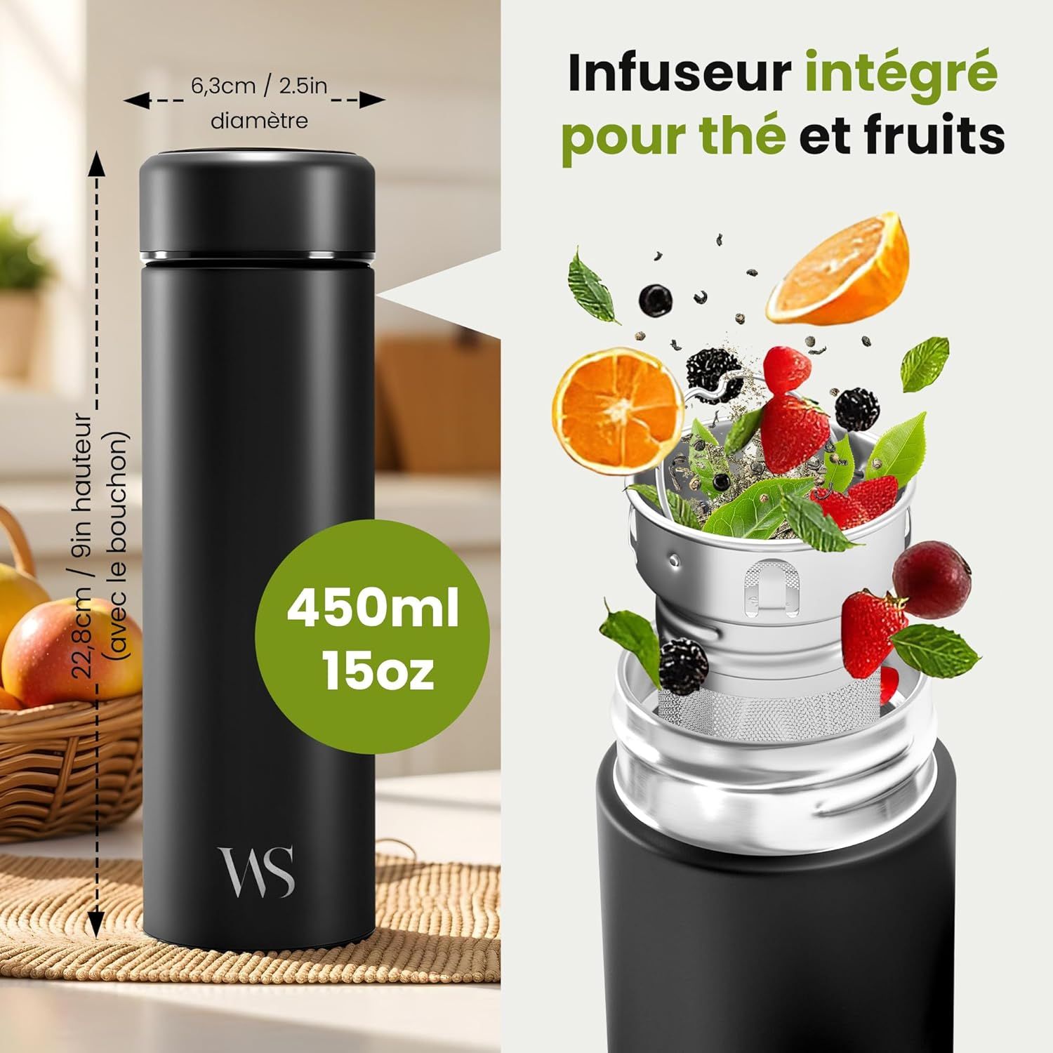 Bouteille d’eau isotherme à infusion thé & fruits + infuseur à fruit + passoire thé sans BPA | Thermos 450ml en acier inoxydable isolé sous vide | Gourde bureau extérieur école voyage sport – Noir
