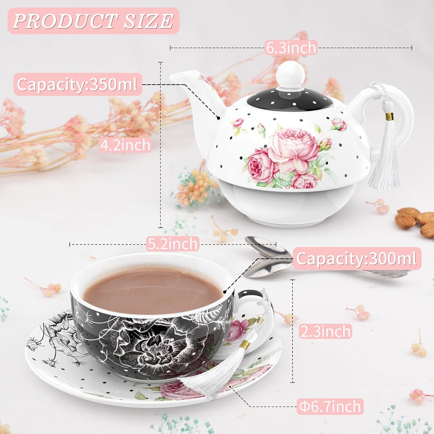 London Boutique - Théière, tasse et sous-tasse en porcelaine pour femme - Motif floral vintage - pour 1 personne - 350 ml (noir)