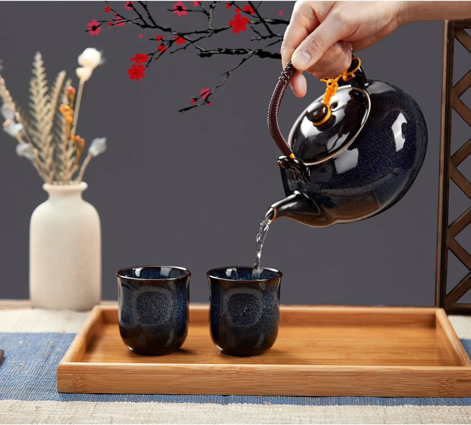 DUJUST Service à thé japonais - 8 pièces, service a the en porcelaine avec 1 théière, 6 tasses à thé et 1 plateau à thé, theiere porcelaine unique pour adultes, bleu foncé