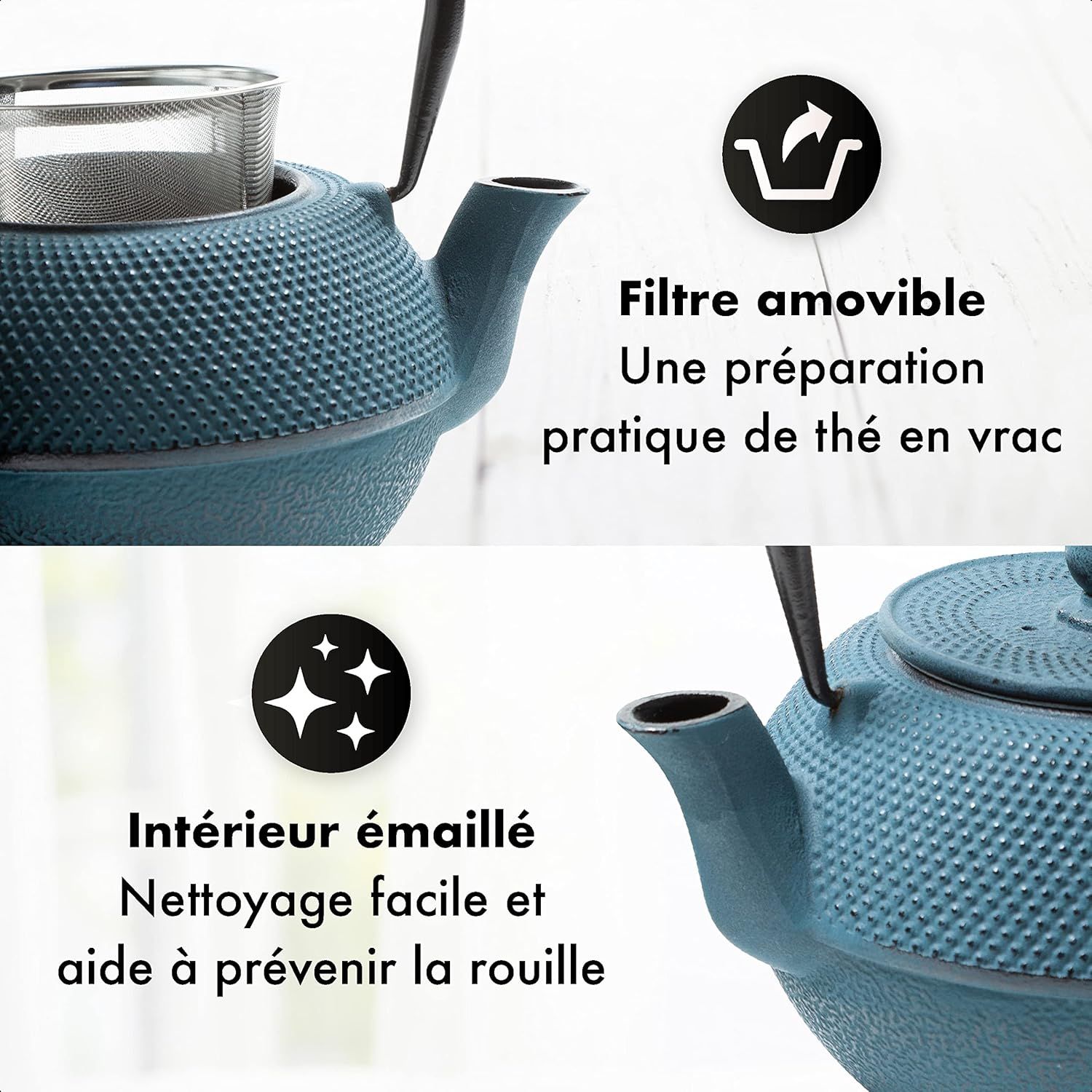 Arare THEIERE en Fonte 1,1 Litre | Théière en Fonte avec Infuseur | Entièrement émaillée de l'intérieur | Prépare Une Tasse de Thé Parfaite | Design Authentique Japonais à Picots | Arare Bleu