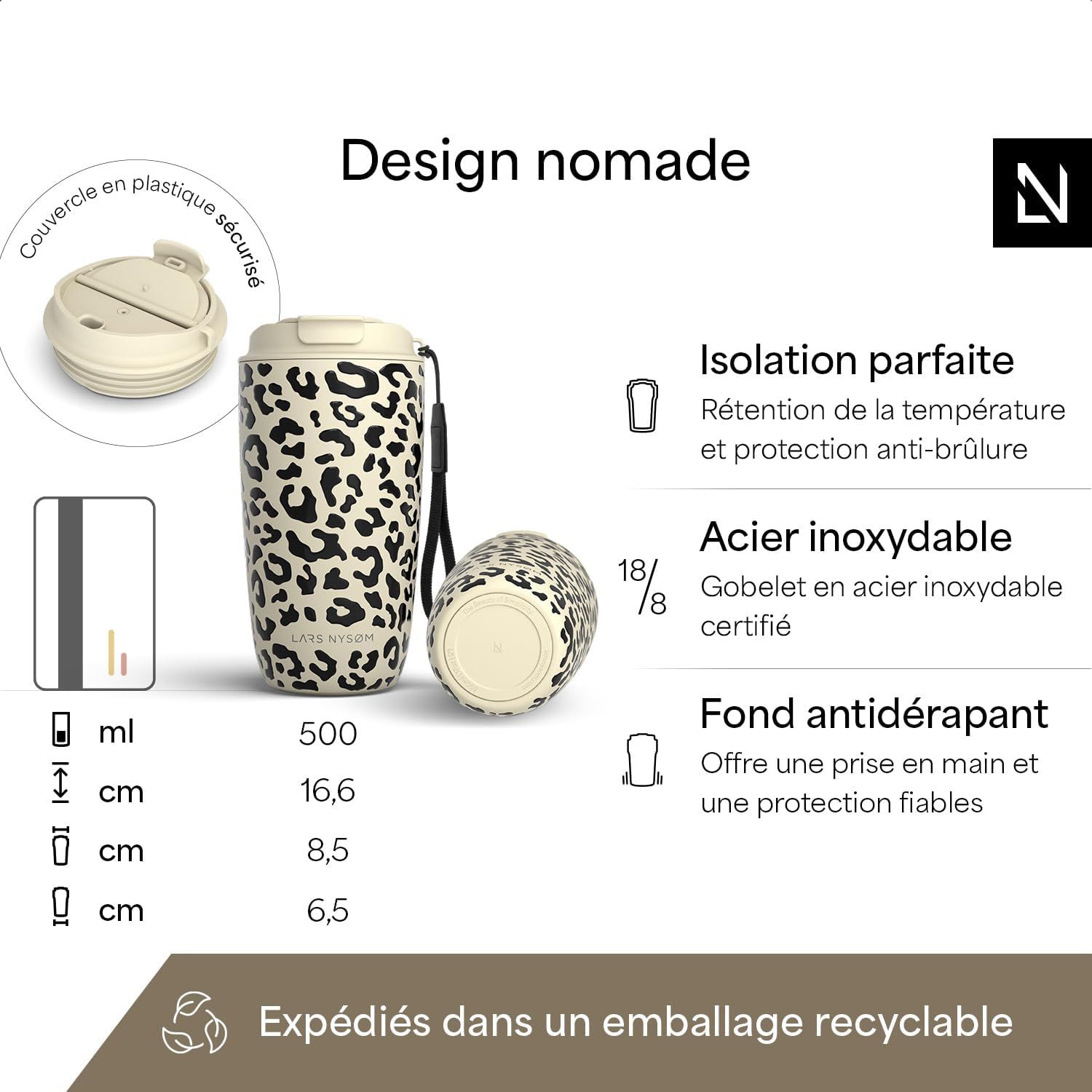 LARS NYSØM Mug Isotherme Cafe to-go avec sangle et couvercle en tritan 500ml | Tasse de voyage 0.5 L avec isolation | Tasse thermique avec design à motif en acier inoxydable (Beige/Leopard/Black)