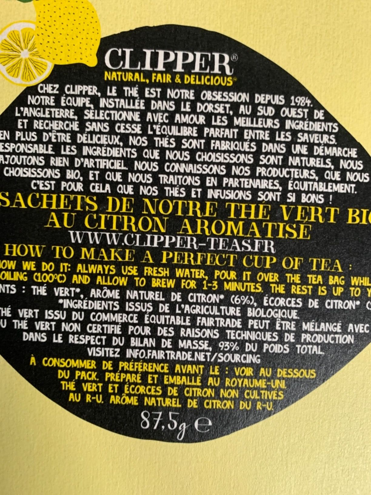 Thé vert bio citron Clipper - 50 sachets