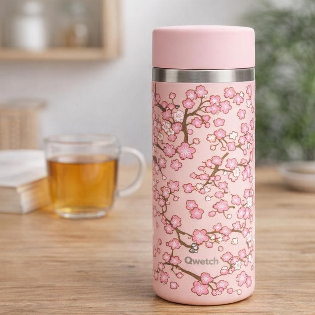 Qwetch - Théière Isotherme Nomade 400ml - Infuseur avec 2 Filtres - 12h Chaud / 24h Froid - Étanche, Réutilisable & Durable - Pour Thé, Café, Tisane, Fruits (Flowers Rose)