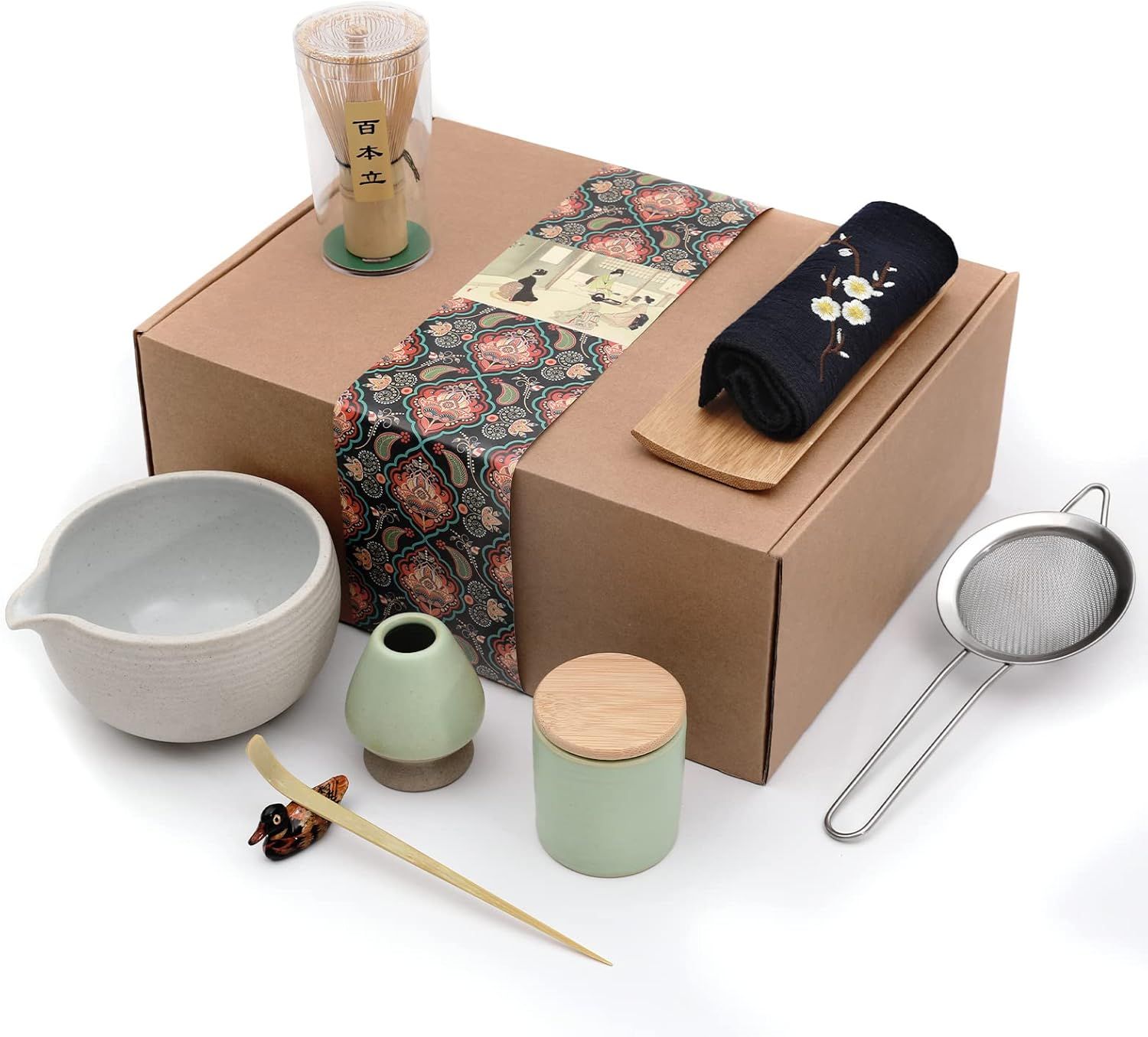Artcome Service à Thé Japonais - Kit de Cérémonie Matcha Fait à la Main avec Bol, Fouet, Cuillère, Porte-Fouet en Céramique et Boîte à Poudre