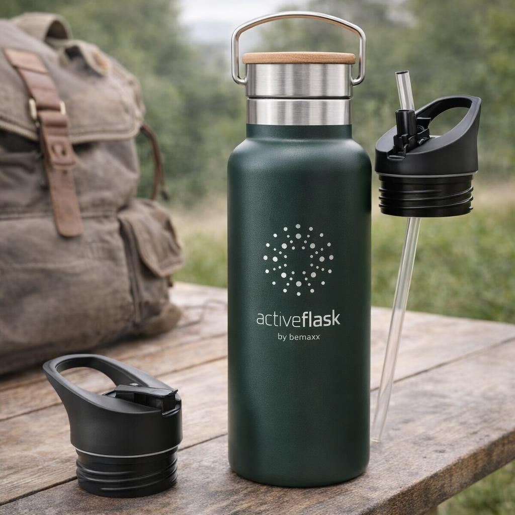 Gourde Inox Isotherme ACTIVE FLASK 1l/500ml sans BPA + Paille (3 Bouchons) | Bouteille d’eau Acier Inoxydable Isolée, Thermos Réutilisable | Camping Velo Sport Running Randonnée Enfant, Café The