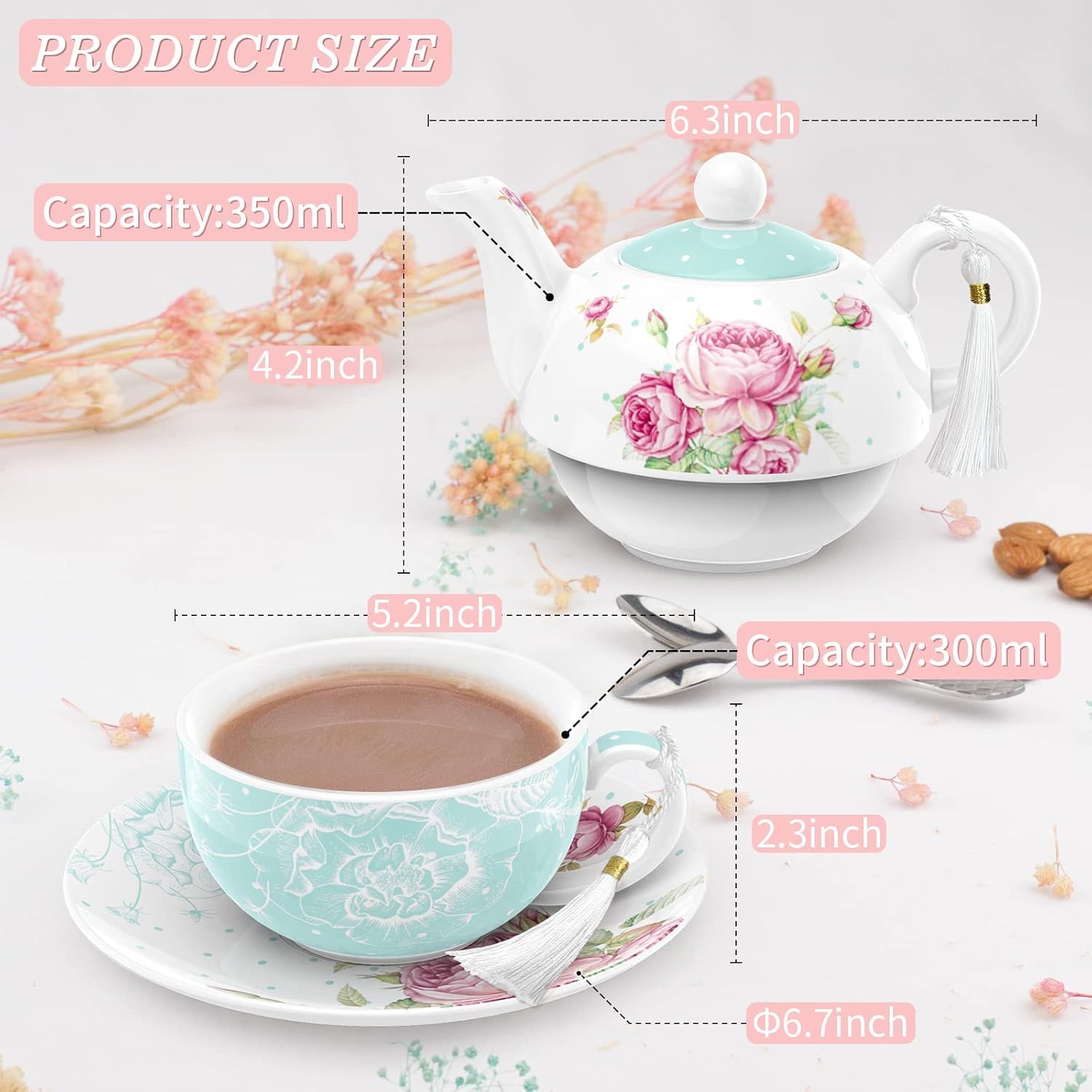 London Boutique Service à thé pour une personne avec théière, tasse à thé et soucoupe pour 1 personne en porcelaine anglaise Motif floral vintage 350 m (turquoise)