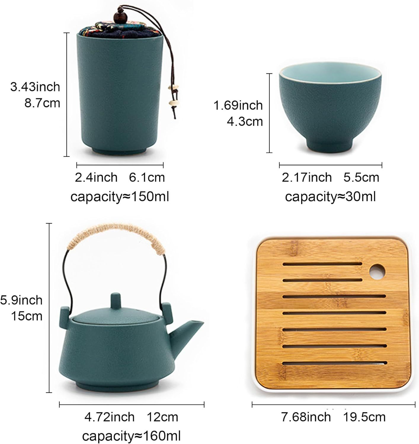 fanquare Service à Thé Vert Japonais pour Adultes, Ensembles de Thé Chinois en Céramique, Service à Thé Portable Kung Fu avec Plateau en Bambou