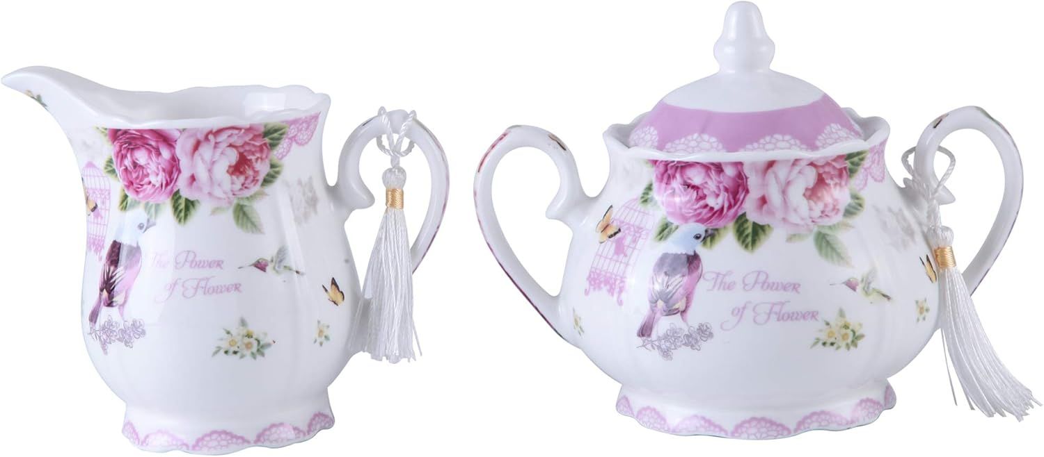 London Boutique Service à thé en porcelaine avec sucrier et pot à crème vintage style shabby chic avec coffret cadeau Motif rose et papillon rose