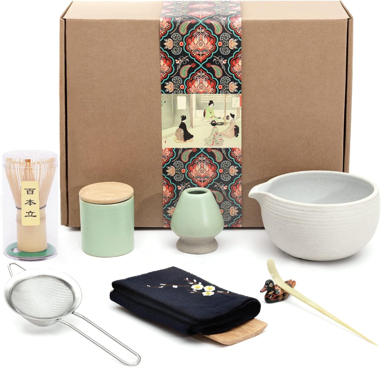 Artcome Service à Thé Japonais - Kit de Cérémonie Matcha Fait à la Main avec Bol, Fouet, Cuillère, Porte-Fouet en Céramique et Boîte à Poudre