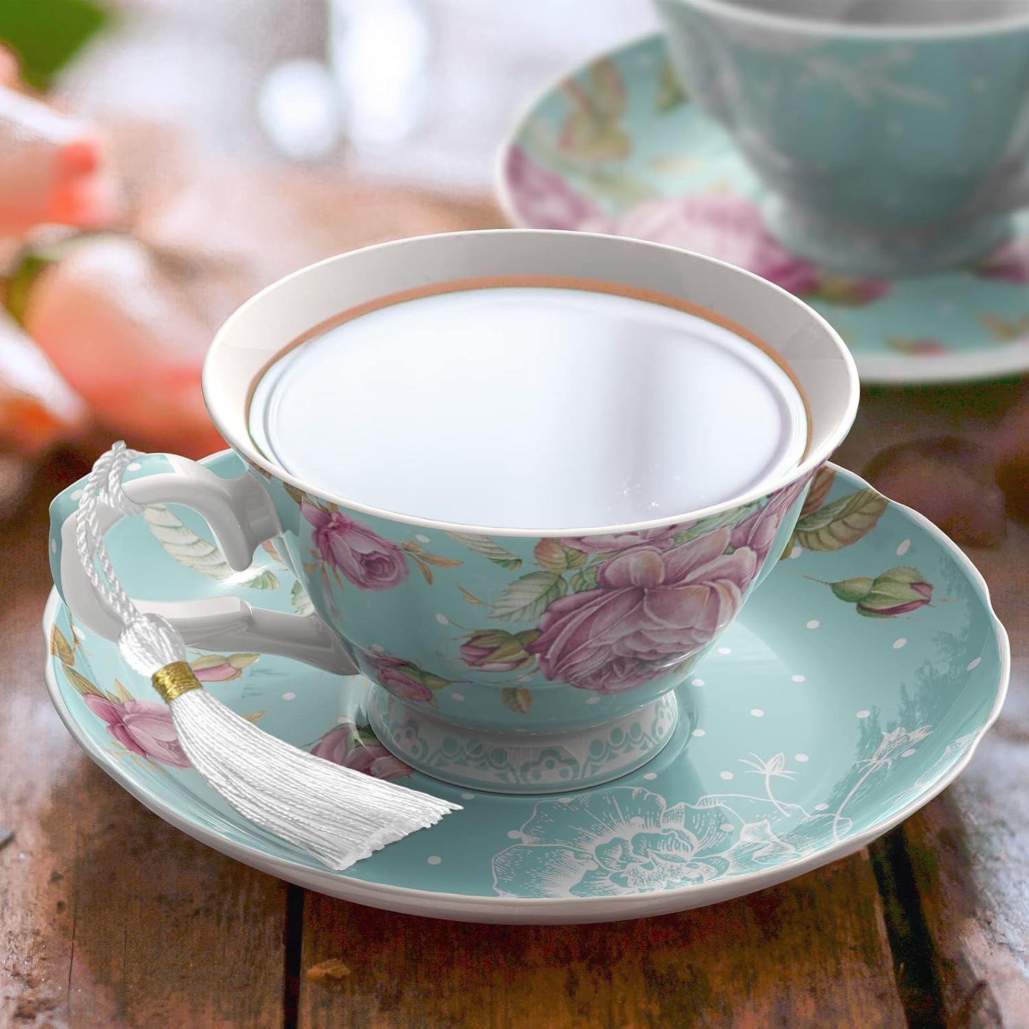 London Boutique Lot de 2 Tasses à thé et soucoupes en Porcelaine Anglaise Vintage Motif Floral Turquoise 200 m