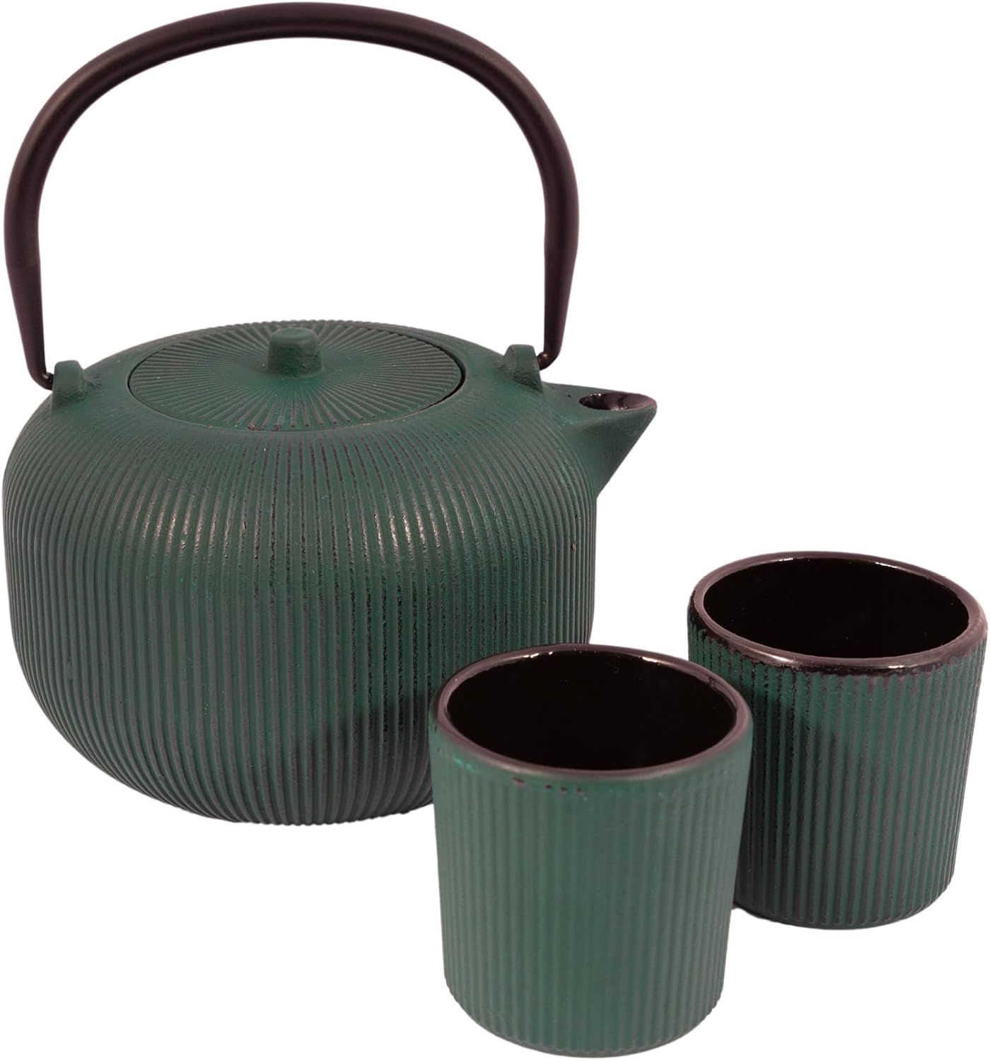 Point-Virgule set de théière nervurée en fonte et 2 tasses revêtement émaillé intérieur Forest Green