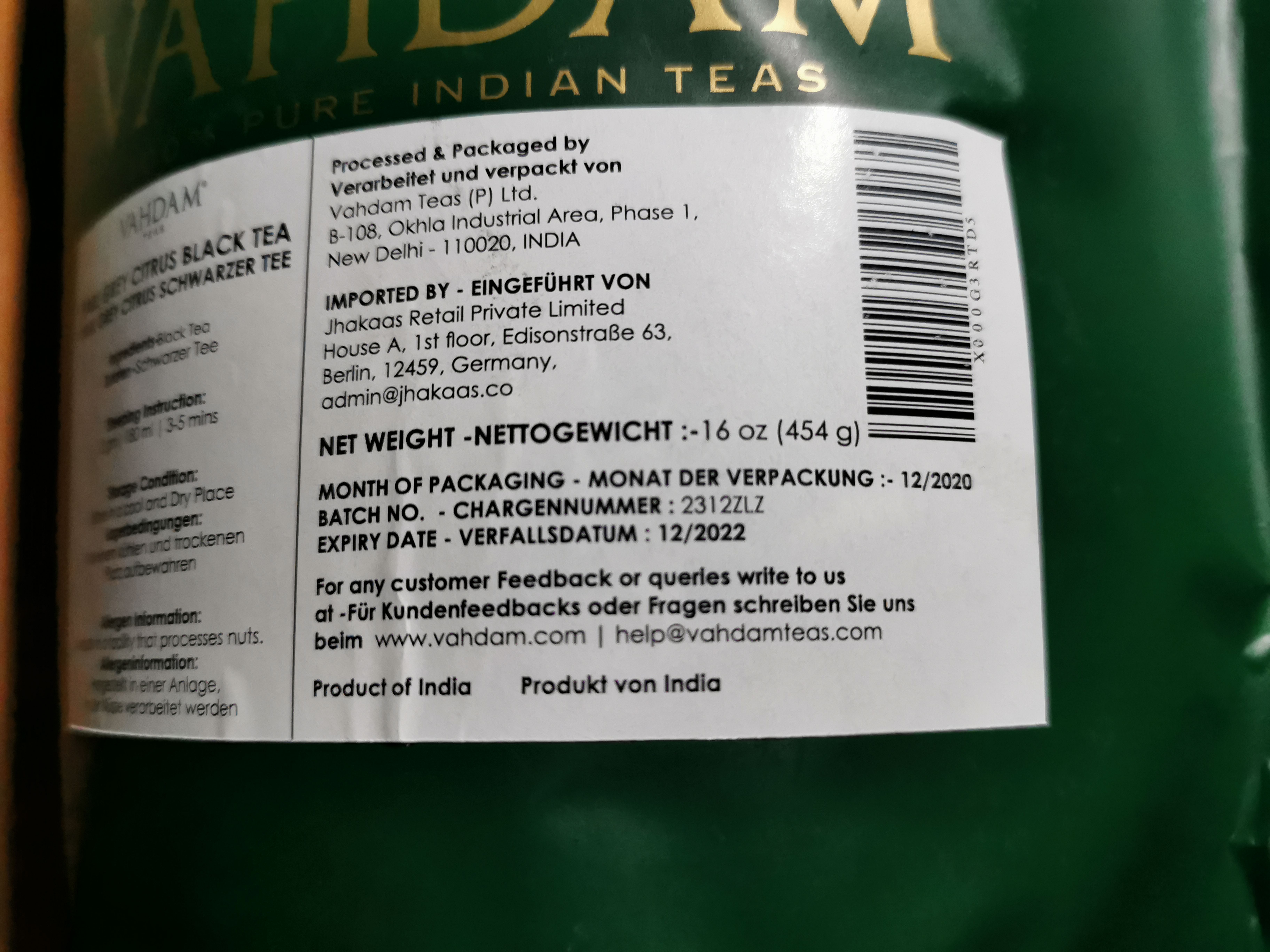 Earl Grey thé noir Vahdam - fraîcheur et qualité