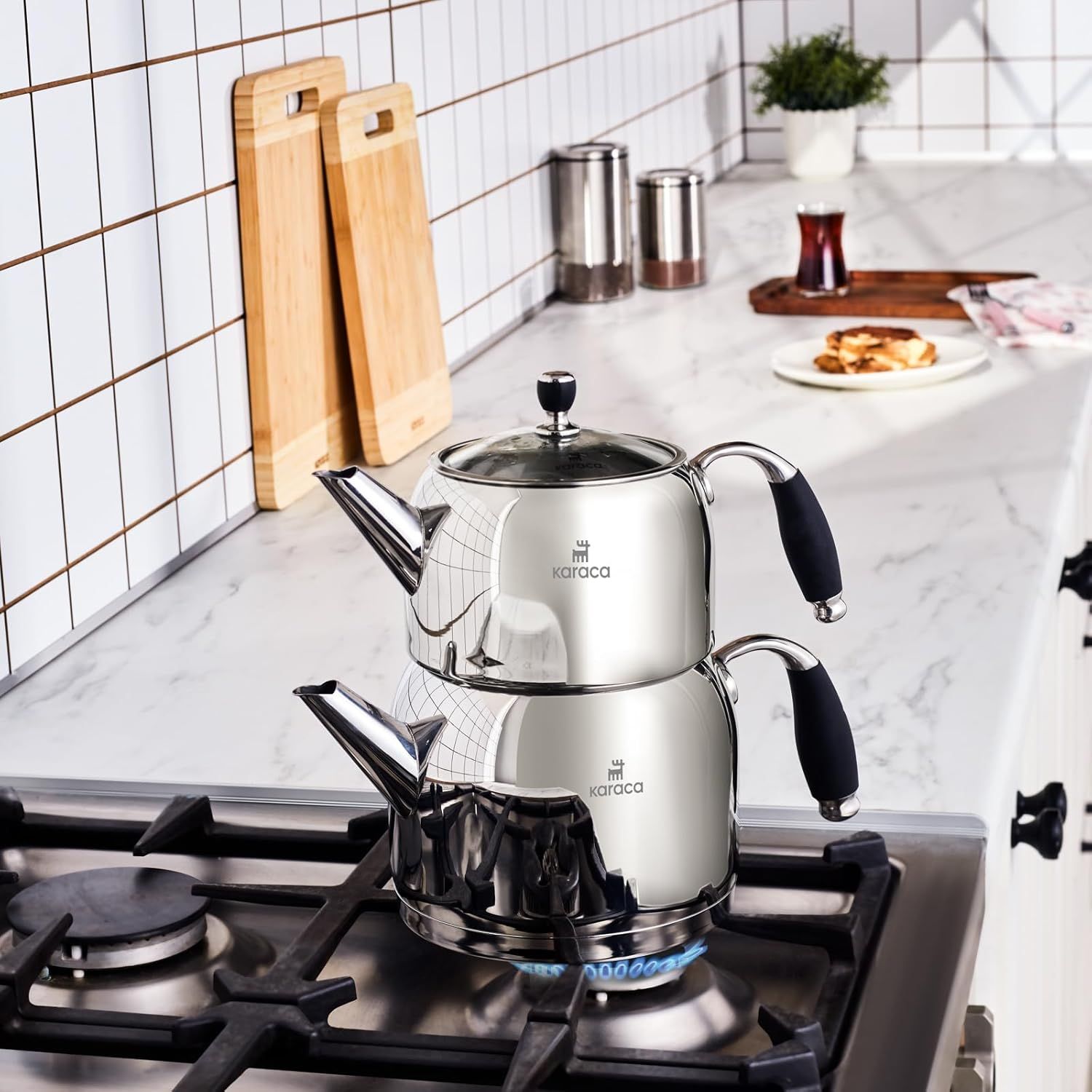 Karaca Stella Set de Théière Turque en Acier Inoxydable, Bouilloire 2L, Théière 1L, Poignées Résistantes à la Chaleur, Finition Poli, Compatible Induction Turkish Teapot & Caydanlik