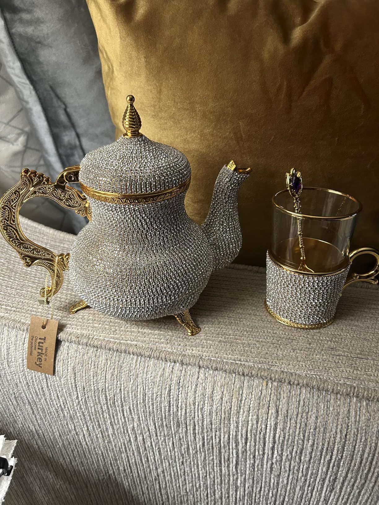 DEMMEX Théière artisanale turque marocaine arabe décorative dorée avec strass en cristal, 1,2 kg, 20,3 x 17,8 cm