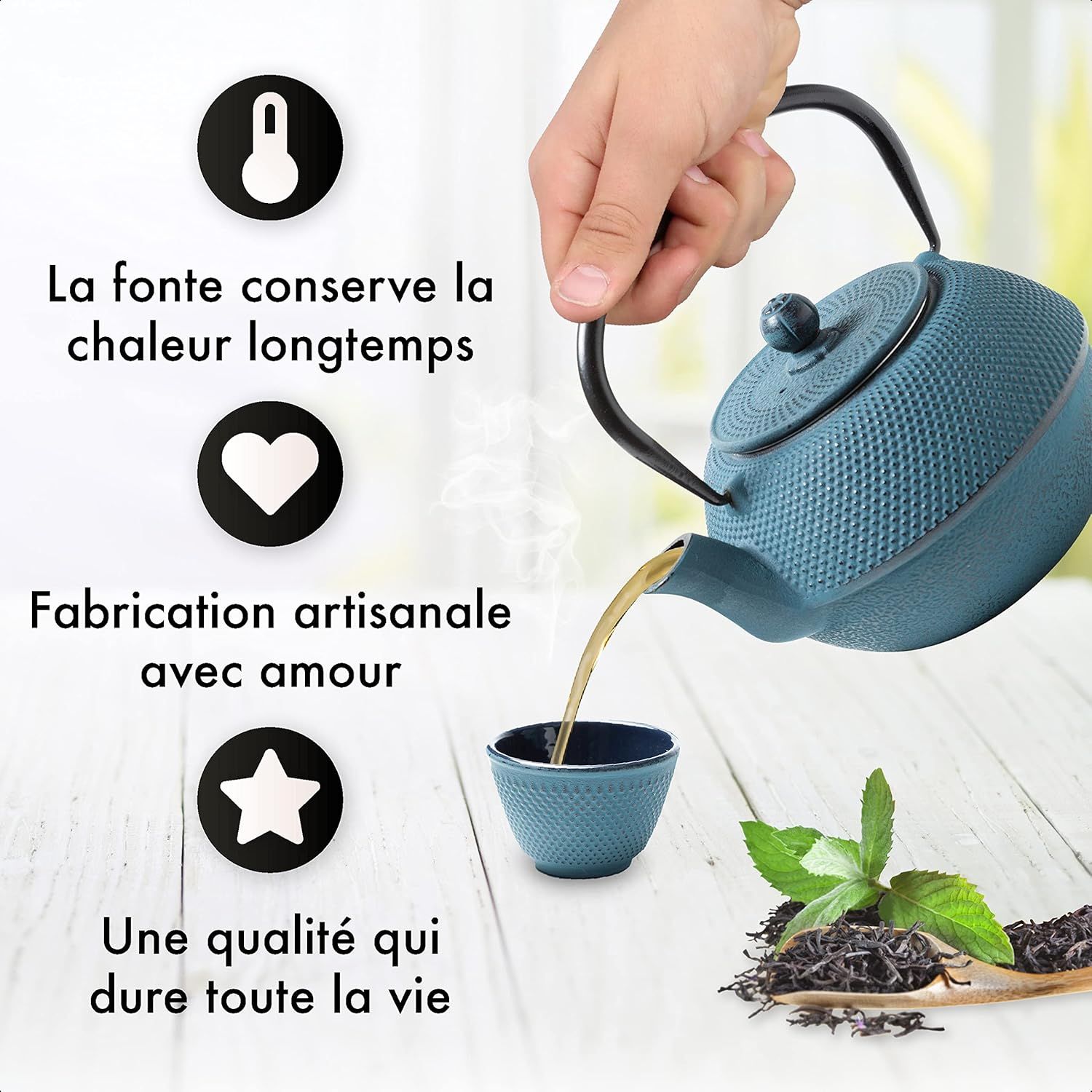 Arare THEIERE en Fonte 1,1 Litre | Théière en Fonte avec Infuseur | Entièrement émaillée de l'intérieur | Prépare Une Tasse de Thé Parfaite | Design Authentique Japonais à Picots | Arare Bleu