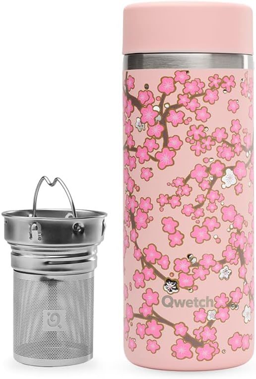 Qwetch - Théière Isotherme Nomade 400ml - Infuseur avec 2 Filtres - 12h Chaud / 24h Froid - Étanche, Réutilisable & Durable - Pour Thé, Café, Tisane, Fruits (Flowers Rose)