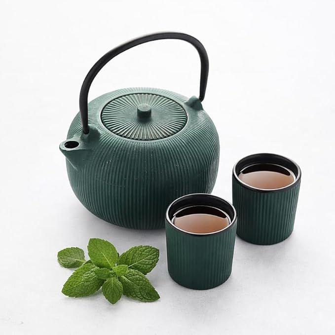 Point-Virgule set de théière nervurée en fonte et 2 tasses revêtement émaillé intérieur Forest Green