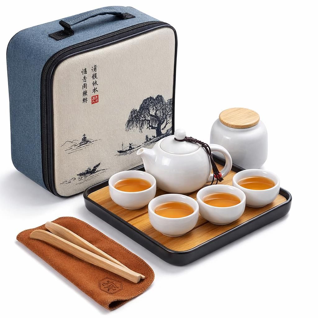 Ensemble de Théière Chinois Kungfu en Céramique - Service à Thé avec 4 Tasses et Plateau - Cadeau Tout-en-Un pour Thé en Vrac - Blanc
