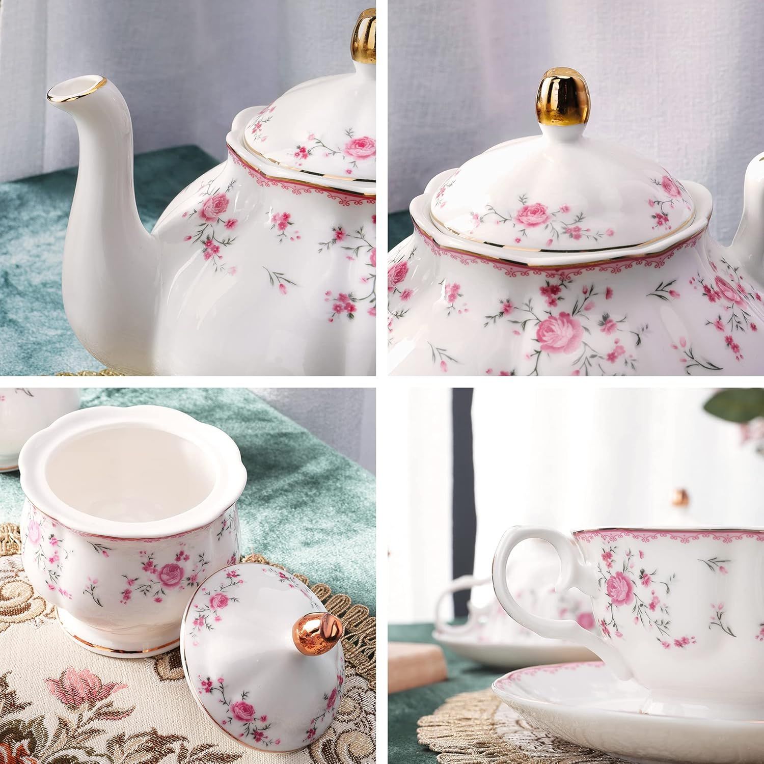 fanquare Service à Thé en Porcelaine, Ensemble de Tasse et Soucoupe à Thé, Service de Thé 6 Personnes, Théière de Mariage Pichet à Crème dans un Sucrier, Service à Café Flower China, Rose Rouge