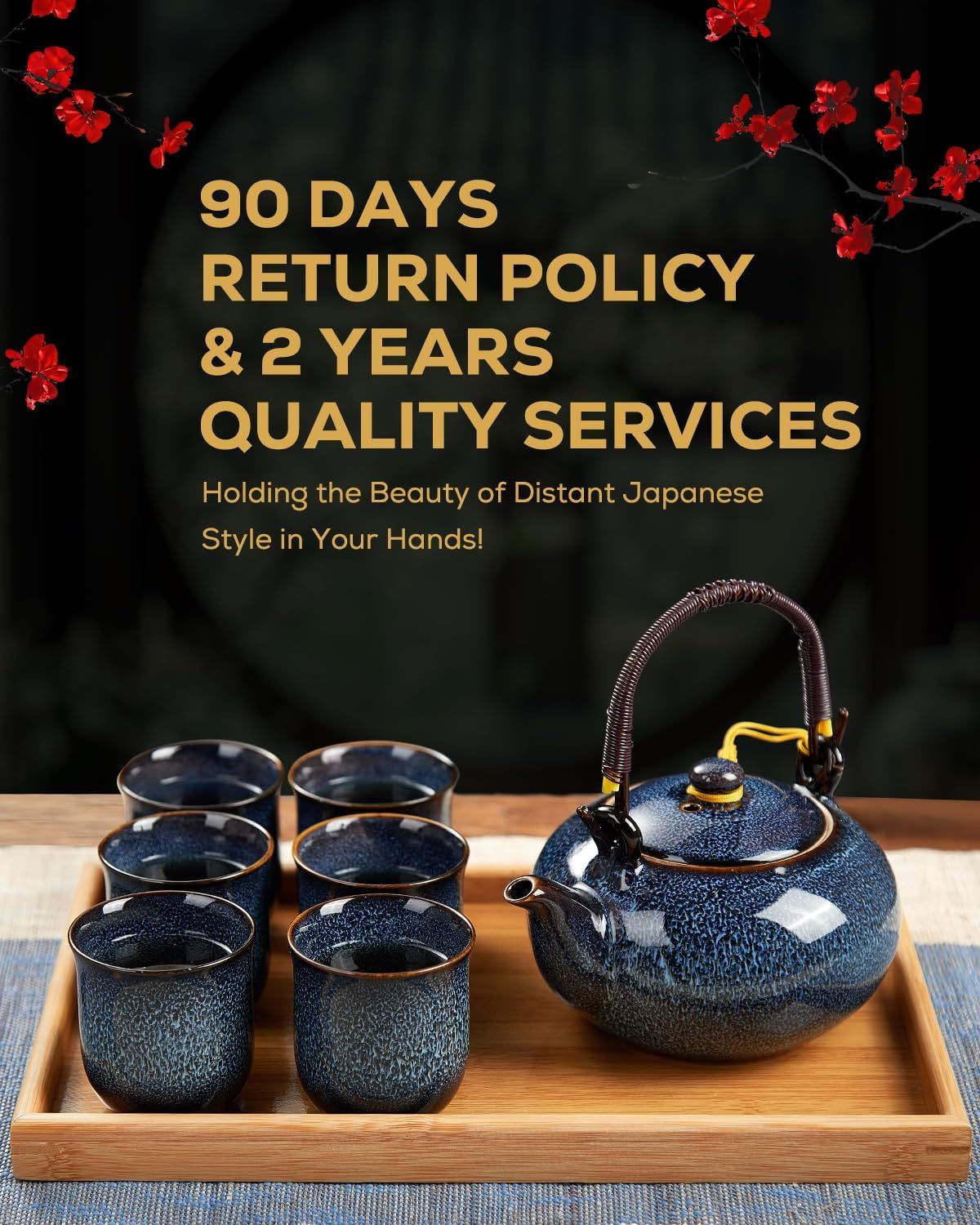 DUJUST Service à thé japonais - 8 pièces, en porcelaine avec 1 théière, 6 tasses et 1 plateau à thé, theiere unique pour adultes, bleu clair