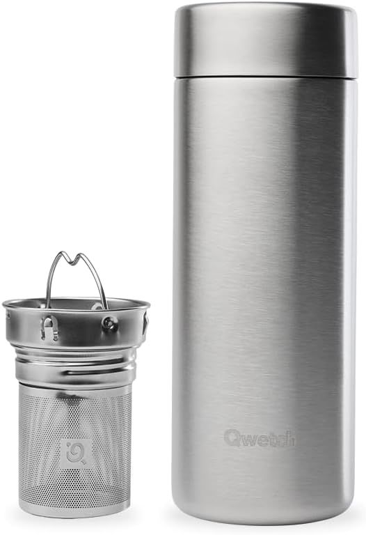Qwetch - Théière Isotherme Nomade 400ml - Inox Brossé - Infuseur avec 2 Filtres - 12h Chaud / 24h Froid - Étanche, Réutilisable & Durable - Pour Thé, Café, Tisane, Fruits