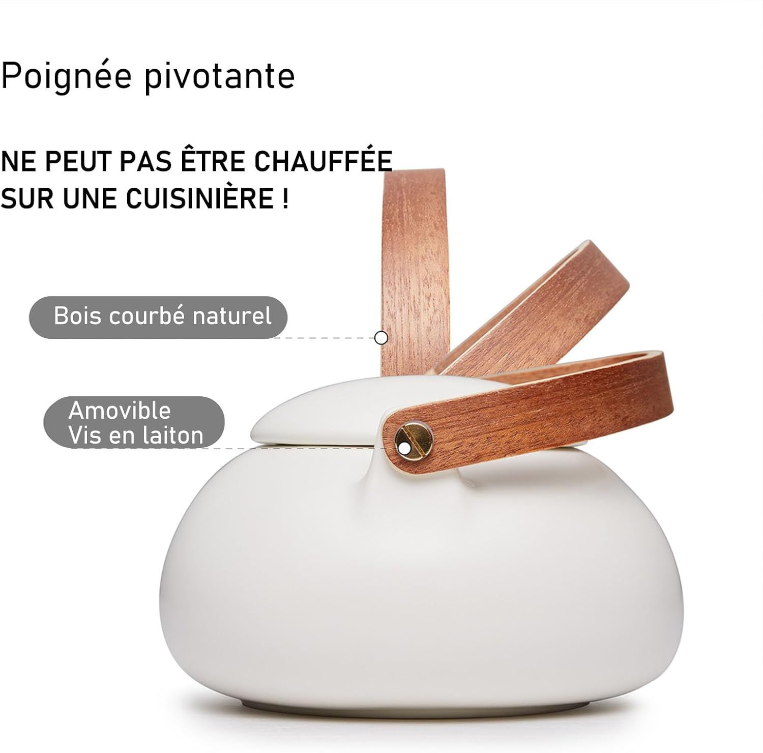 ZENS Theiere avec infuseur, Théière en japonaise avec 4 tasse pour le thé en vrac, blanc céramique Théière avec filtre en acier inoxydable 304 pour les fleurs Thé, manche en bois moderne