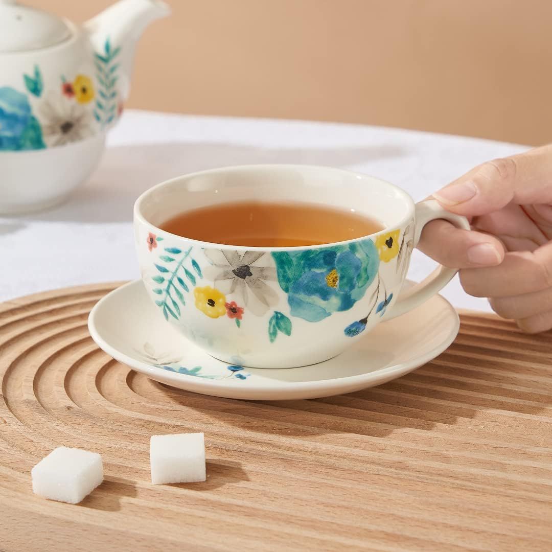 Service à thé en porcelaine pour une personne – Théière florale aquarelle peinte à la main et tasse, cadeau pour femme, fleurs florales