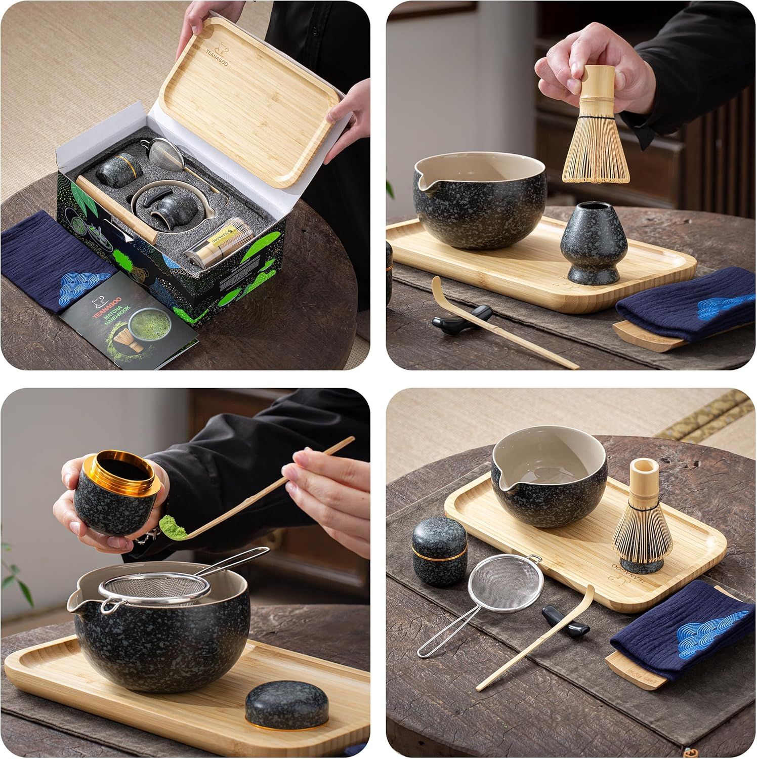 TEANAGOO Service à thé japonais, ensemble de fouet à matcha, bol à matcha en bambou (Chasen), cuillère (chashaku), support de fouet à matcha, kit de fabrication de thé. O1, kit de poudre de thé vert