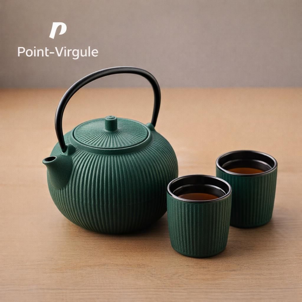 Point-Virgule set de théière nervurée en fonte et 2 tasses revêtement émaillé intérieur Forest Green