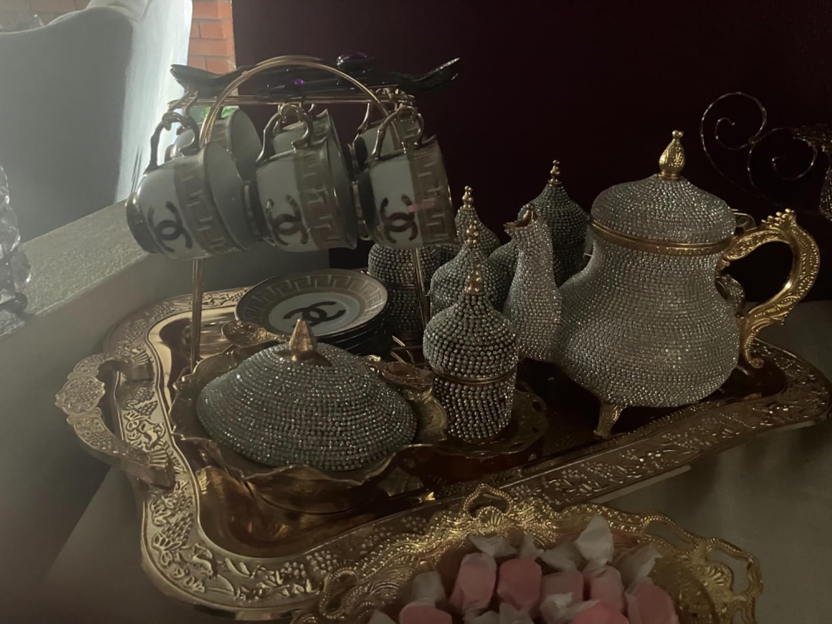 DEMMEX Théière artisanale turque marocaine arabe décorative dorée avec strass en cristal, 1,2 kg, 20,3 x 17,8 cm