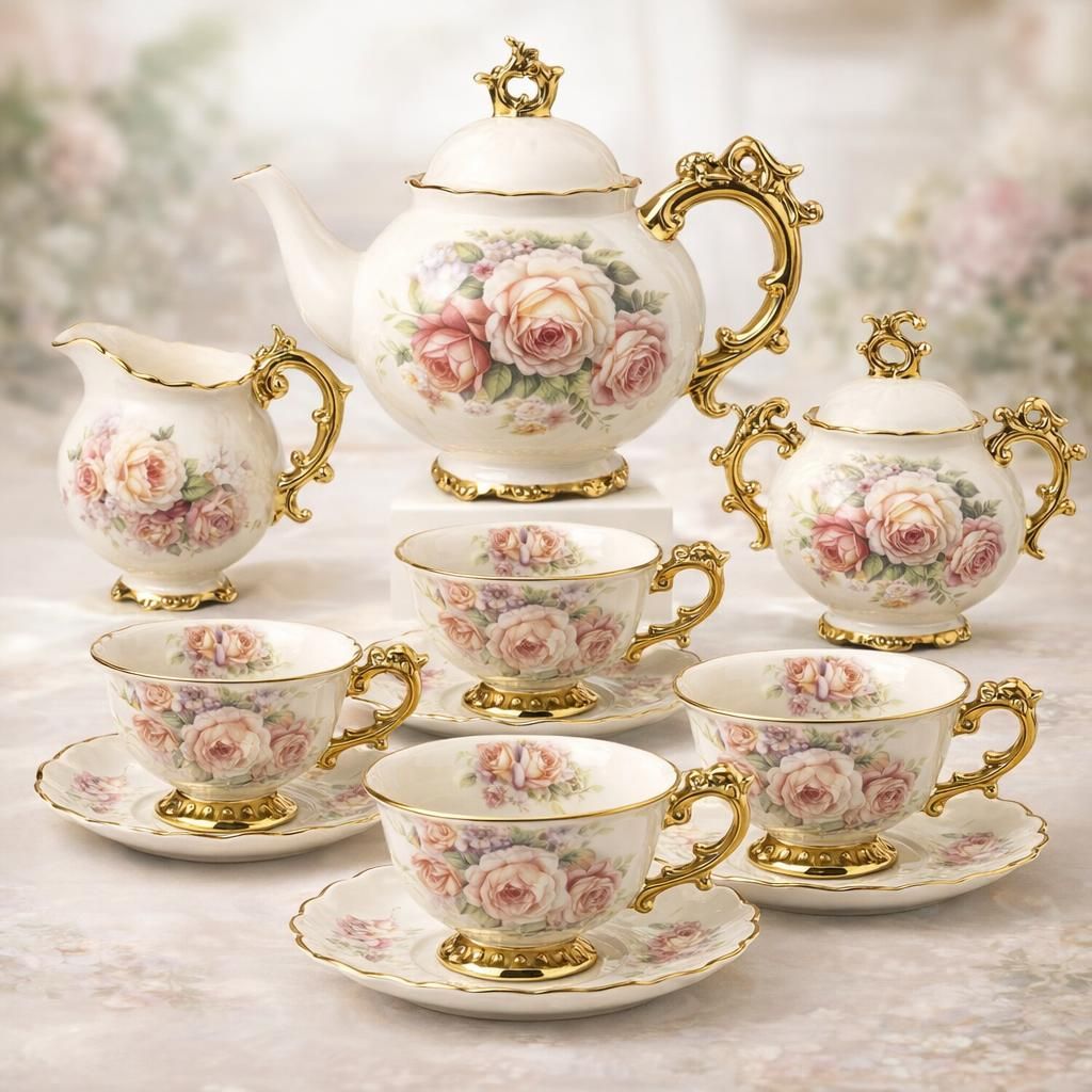 fanquare 15 Pièces Services à Thé de Mariage en Porcelaine Anglaise, Ensemble de Café de Fleurs Vintage, pour Adultes
