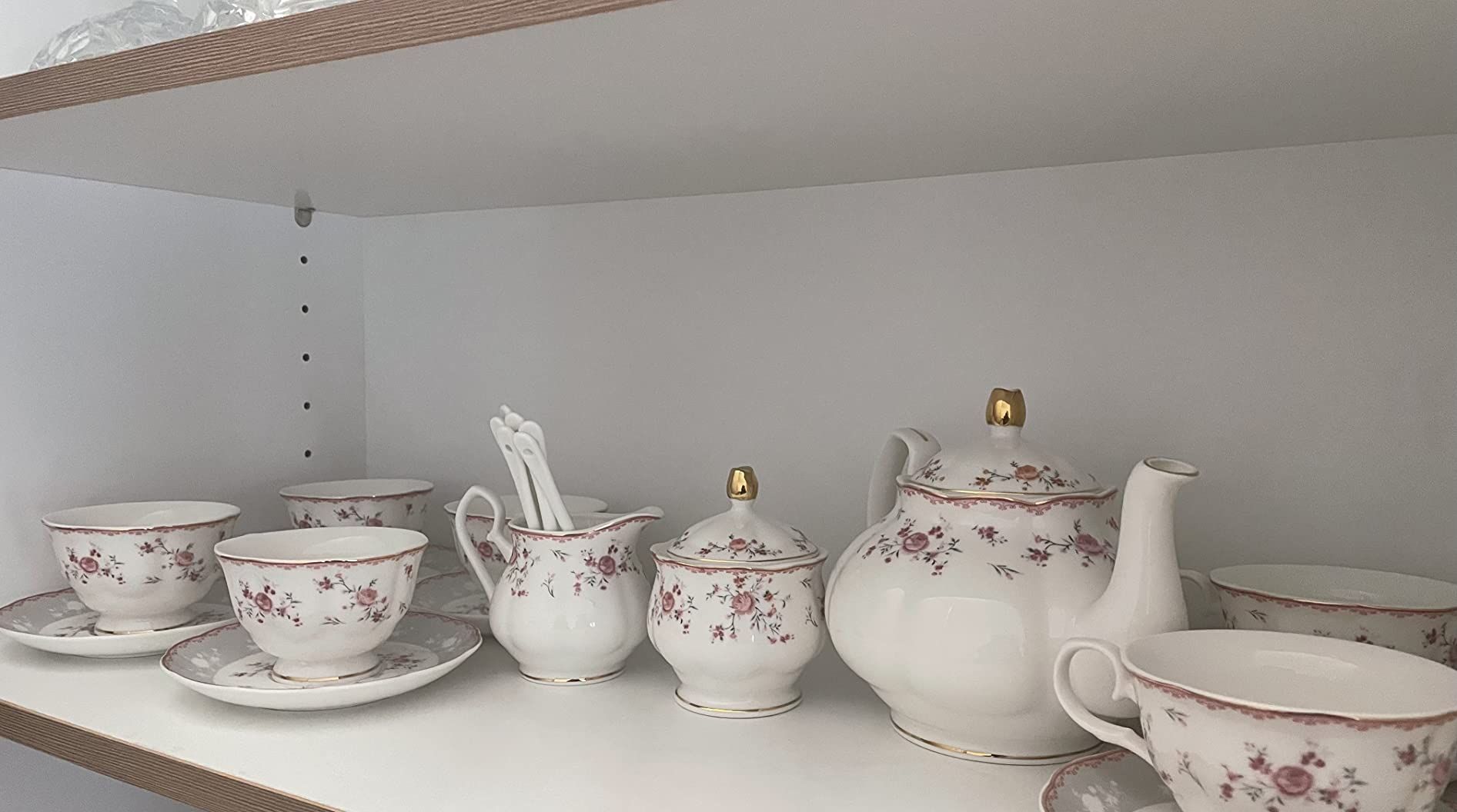 fanquare Service à Thé en Porcelaine, Ensemble de Tasse et Soucoupe à Thé, Service de Thé 6 Personnes, Théière de Mariage Pichet à Crème dans un Sucrier, Service à Café Flower China, Rose Rouge
