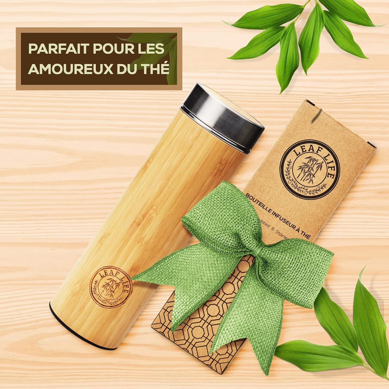 LeafLife Infuseur thé Bouteille en Bambou Premium avec Filtre 500ml – Préserve le Froid et la Chaleur pendant 12h – Bouteille infusion Isolée sous Vide